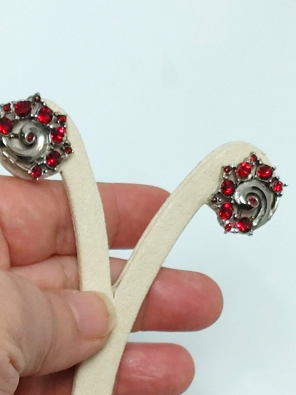 Vintage Silver Tone Royal Crest Screw Back Earrings with Red Rhinestones
