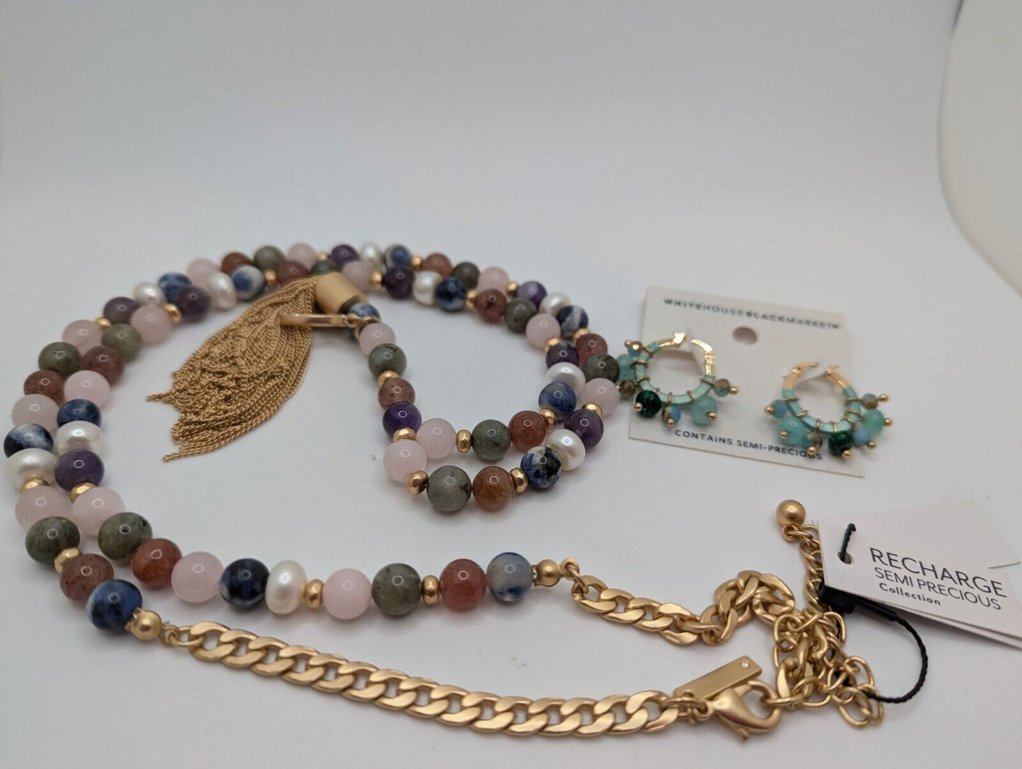Whbm Polished Ocean Jasper & Gold Tone 42β Necklace / Earrings Wishbone Tassel