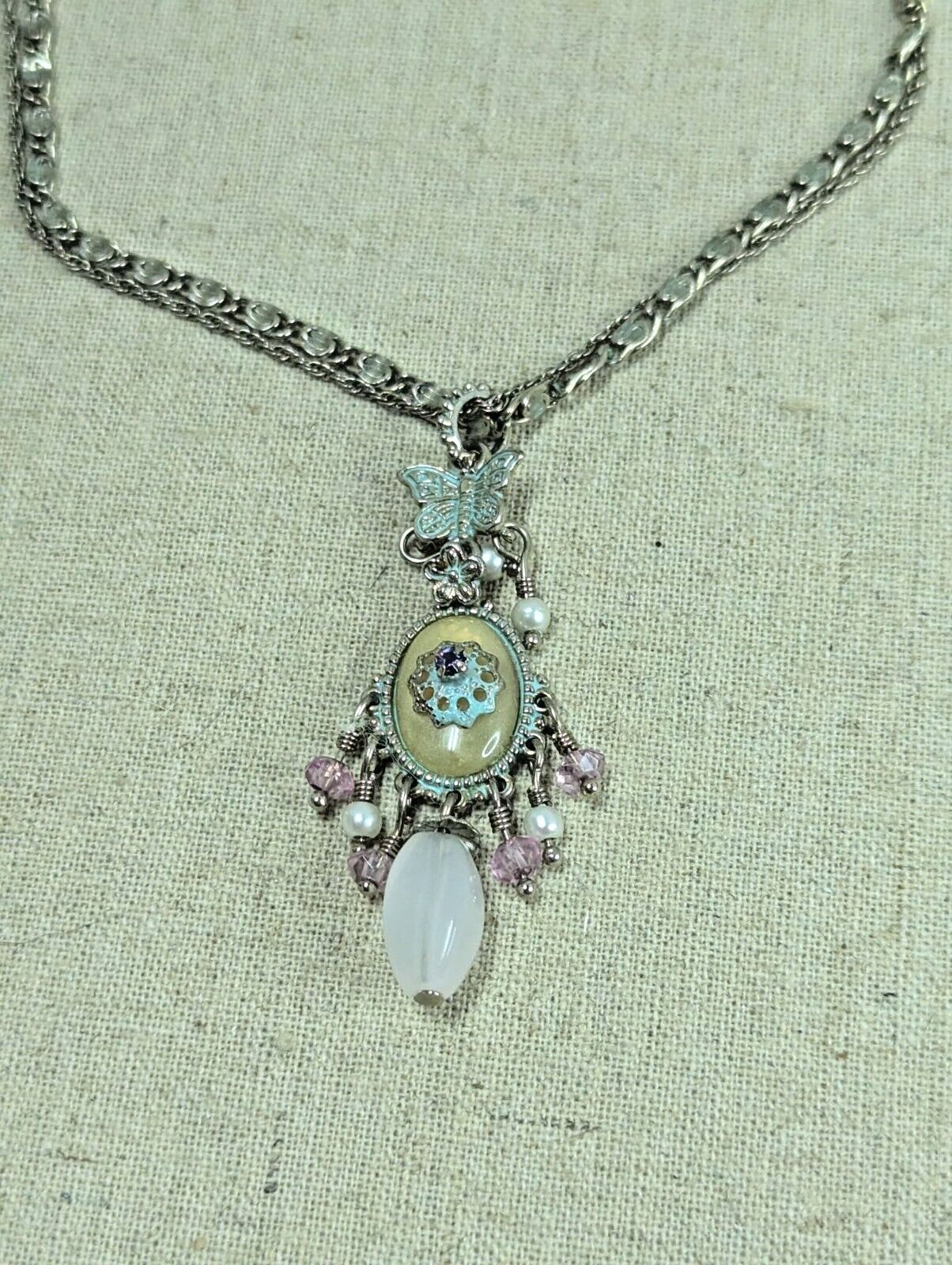 vintage Avon Silver Plated Necklace Butterfly Crystals Pendant 16" Double Chain
