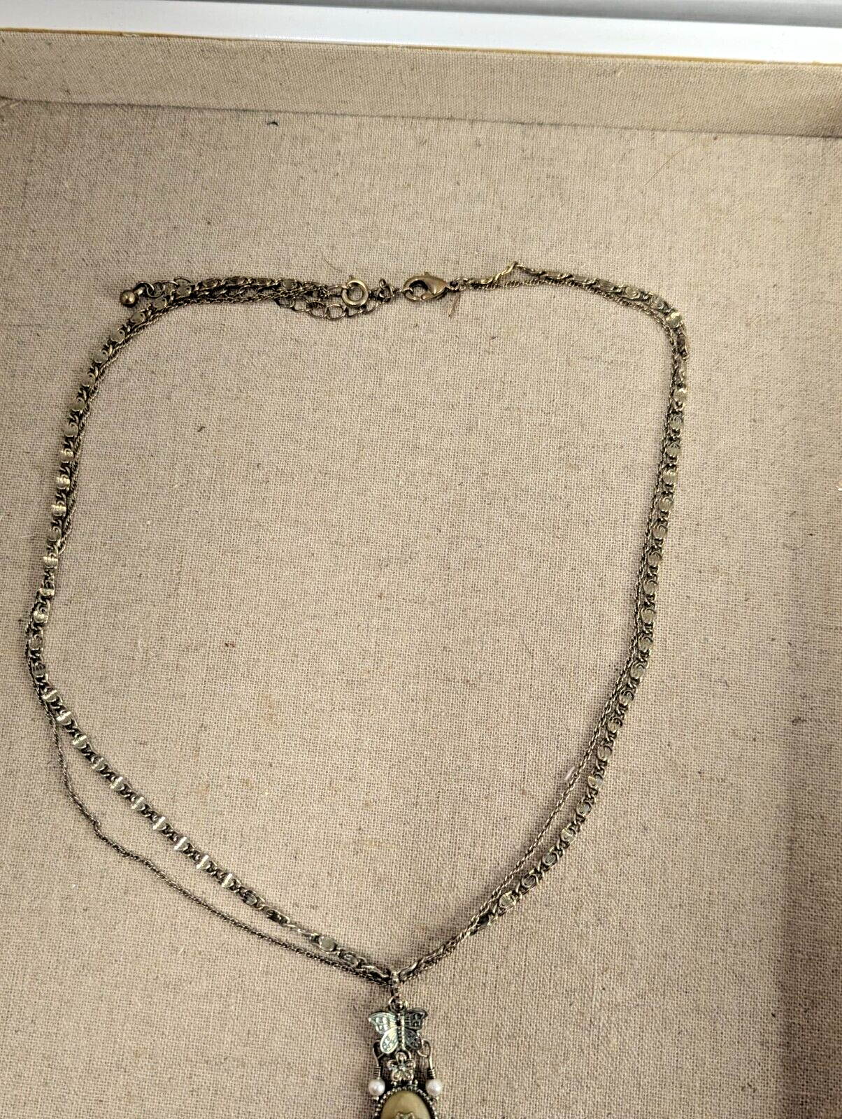 vintage Avon Silver Plated Necklace Butterfly Crystals Pendant 16" Double Chain