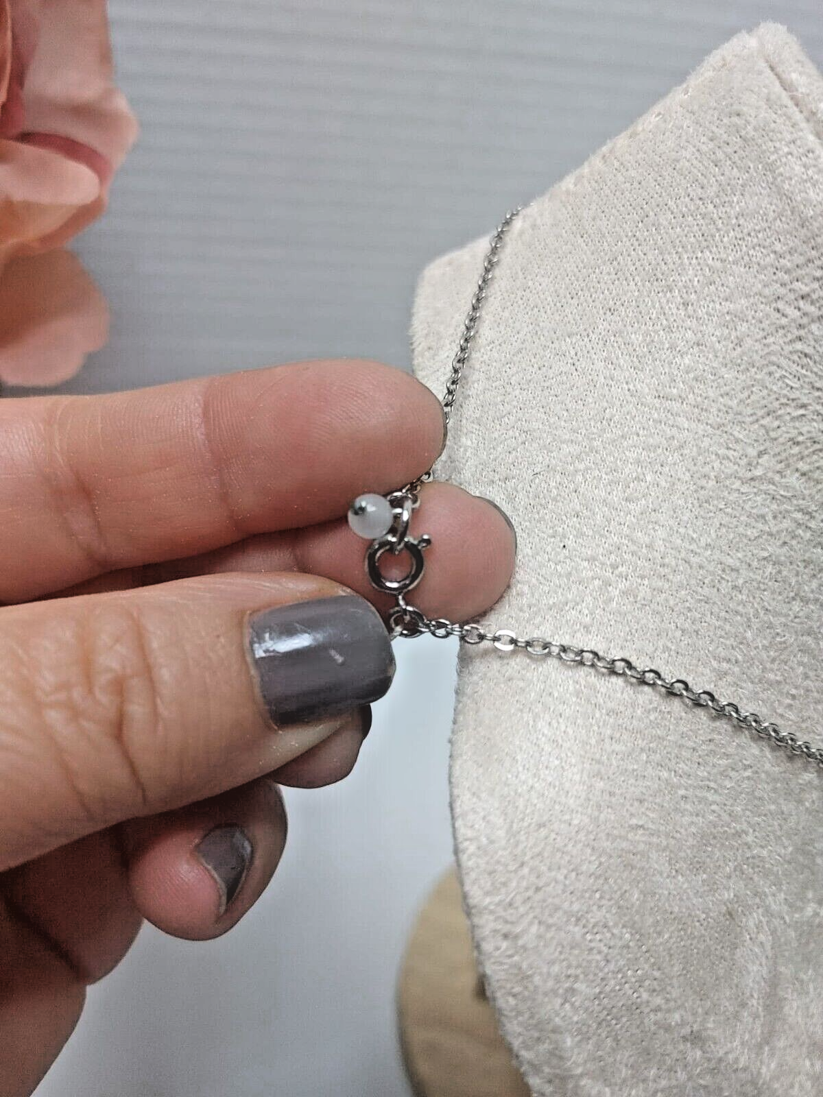 Art Deco Necklace Foux Stone Flower Pendant Tassel Antique Silver 16" long Boho