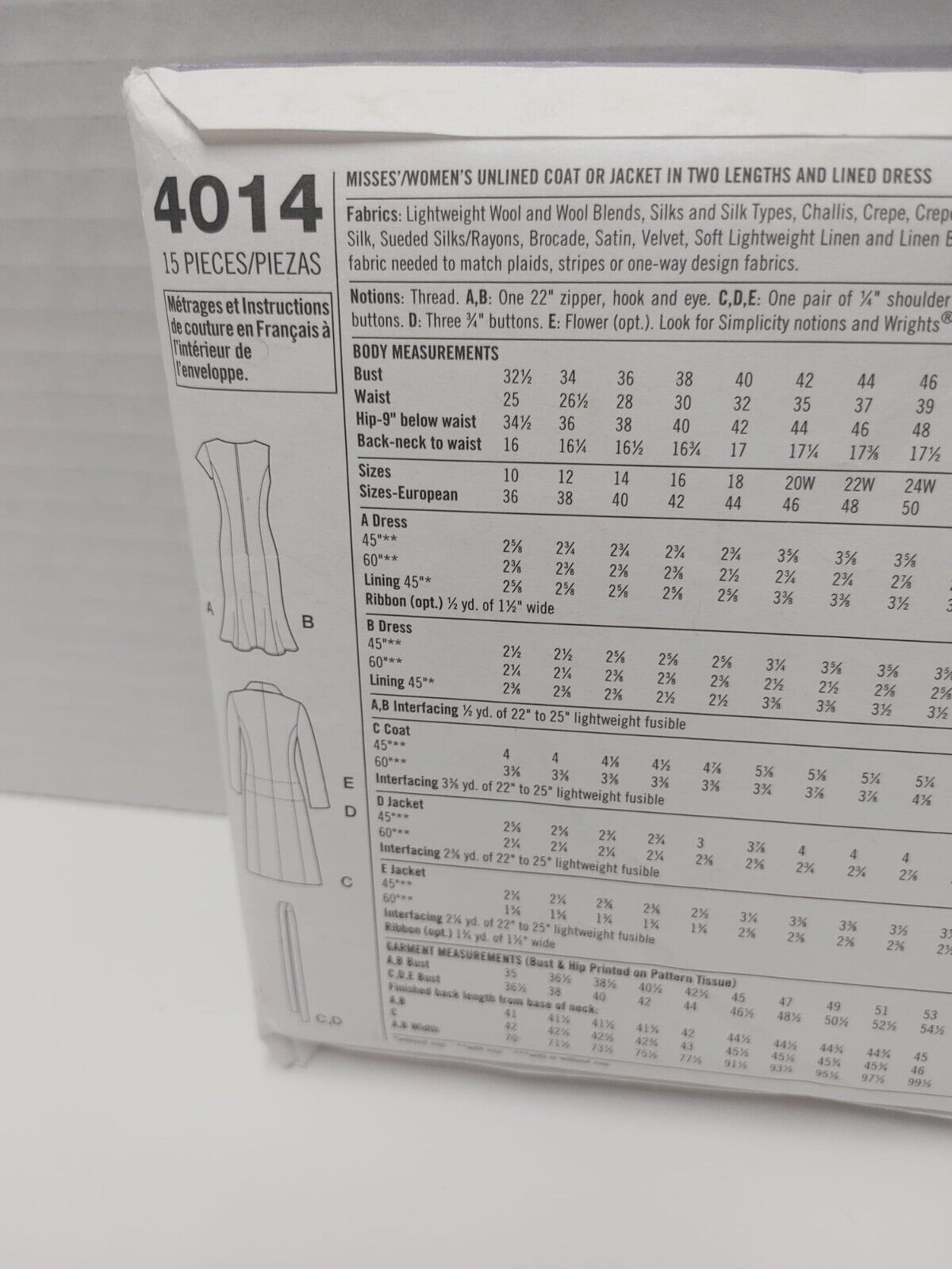 Woman's Unlined Coat Jacket Dress Sizes 20w - 28w Misses' Simplicity Pattern #40