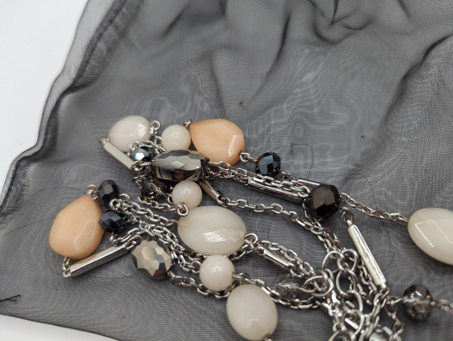 WHBM Mixed Gemstone Beaded Necklace Quartz Designer Silver Tone Doble Strand 34"