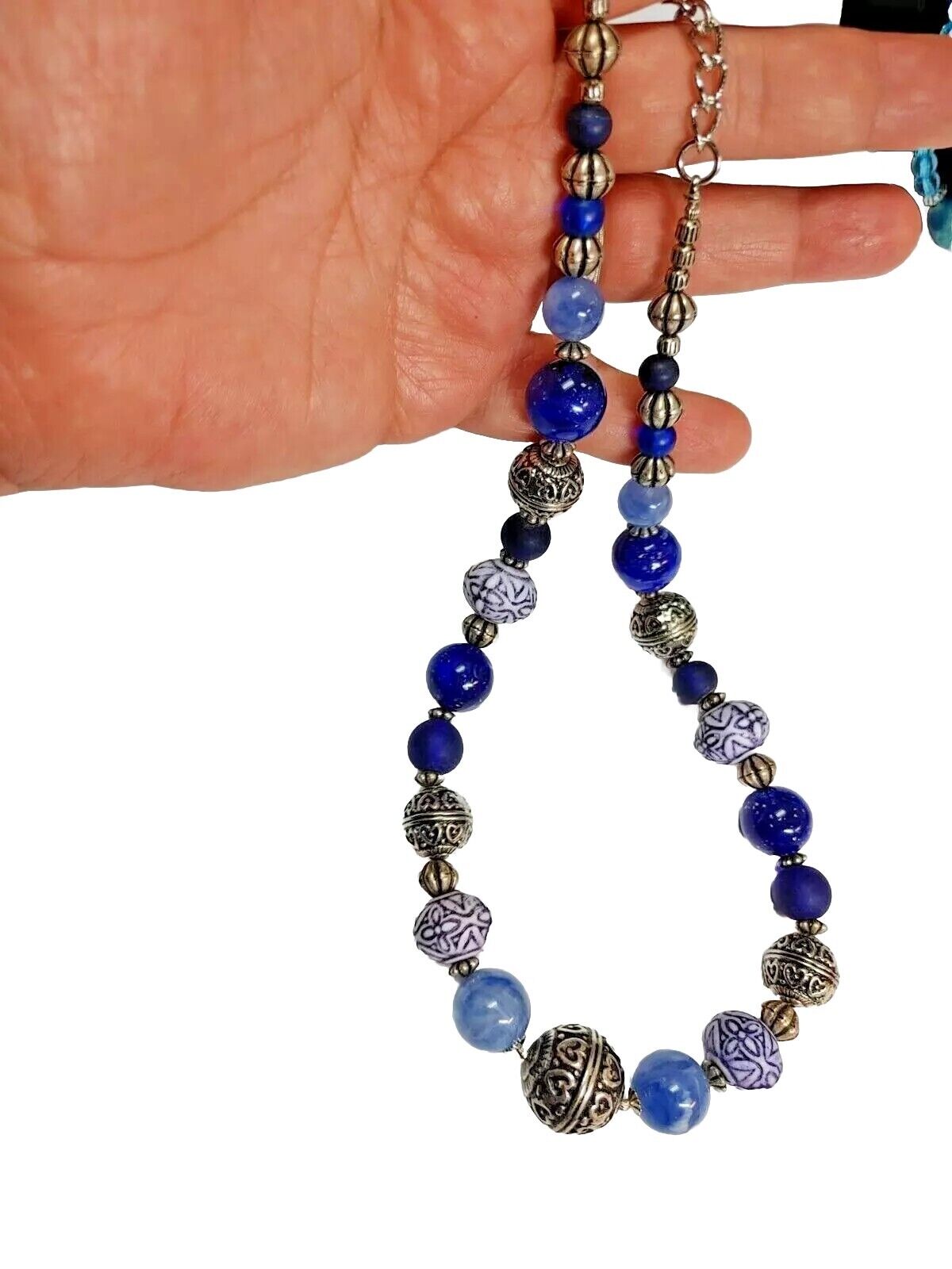 Vintage Graduated Multi bead Blue & White, Silver Tone Bead Necklace 17 Inches