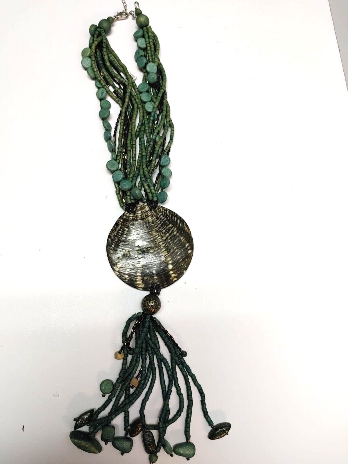 Vintage 70s Large Seashell Pendant Teal Wooden Bead Layered Necklace Green Retro