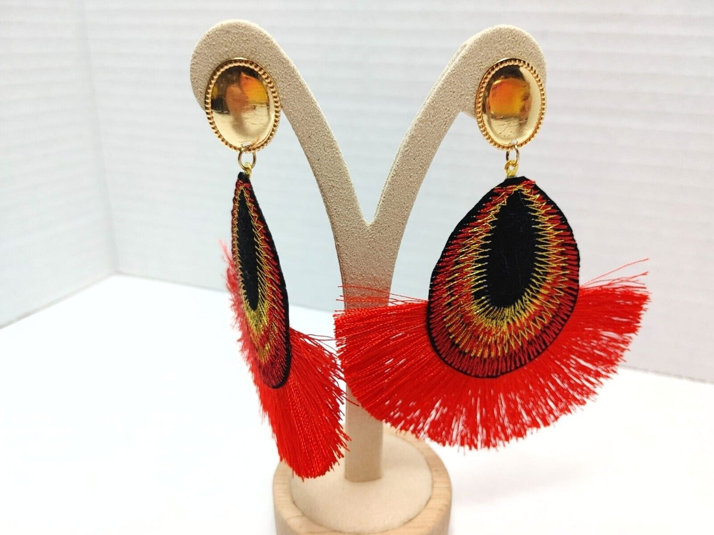 Oval and Fan Shaped Red Black Post Earrings Handmade Bohemian Women Earrings
