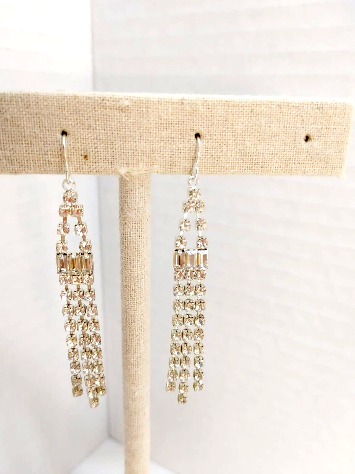 Vintage Estate Art Deco Drop Earrings Rhinestone Dangle Bridal silver Tone