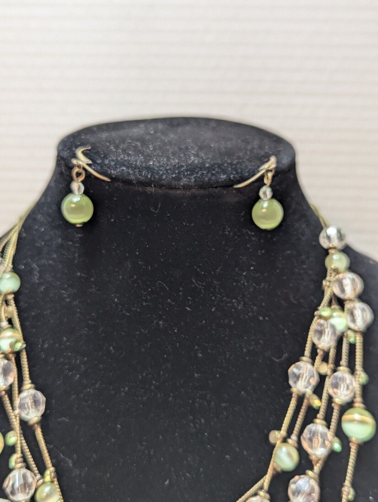 Green Tiger Eye Clear Beads Necklace Earring Rhinestone Gold Tone Multi Strand