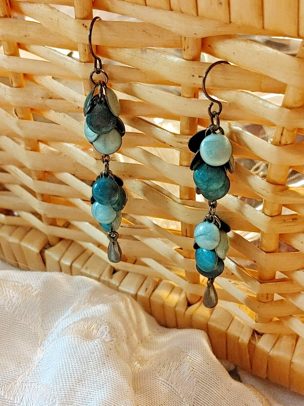 Vintage Pieced Metal Turquoise Tone Disc dangle Earrings Women Jewelry Retro
