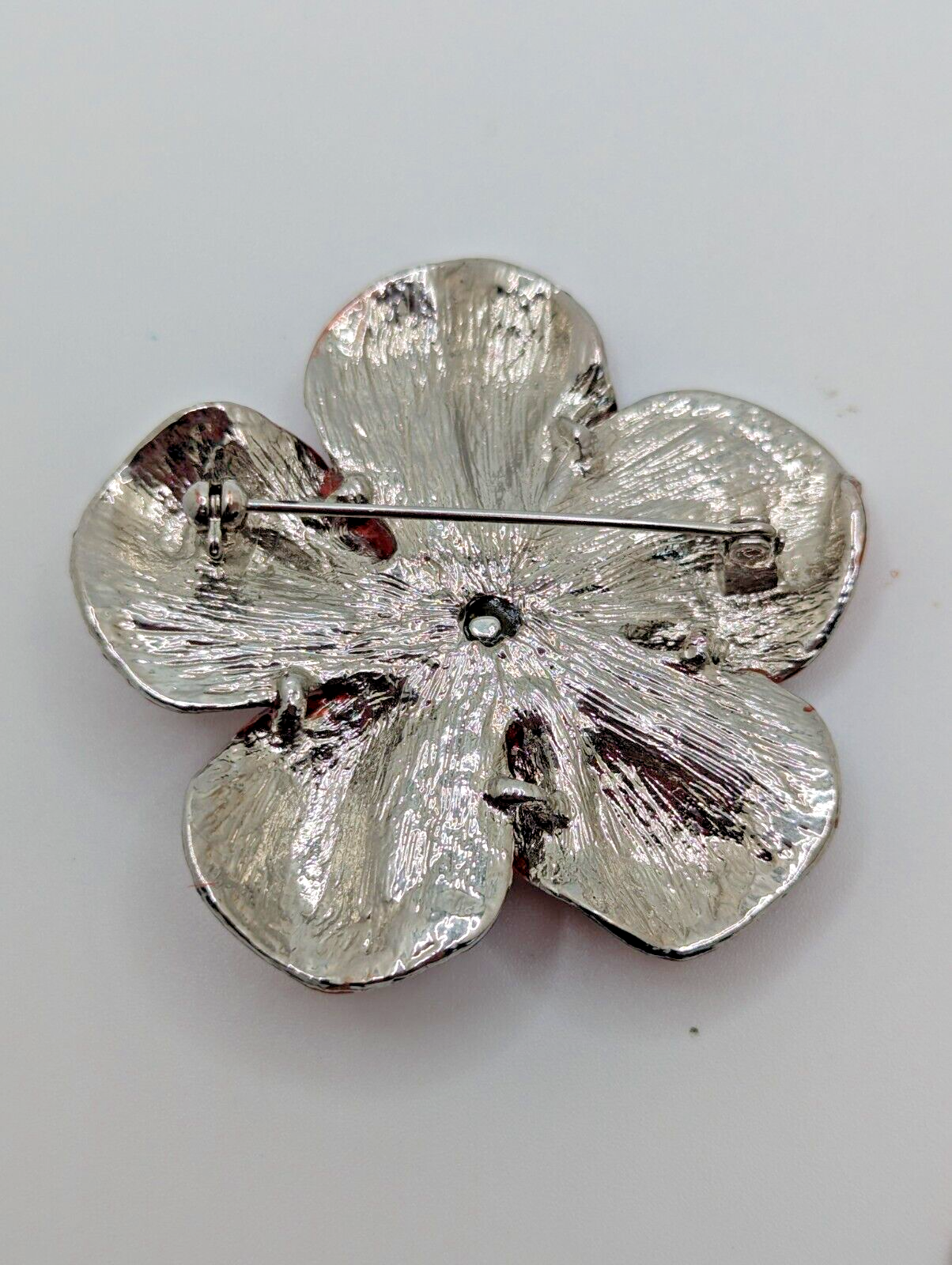 Vintage Flower Brooch Pin Dogwood Red Enamel & Rhinestones Silvertone 2.25"