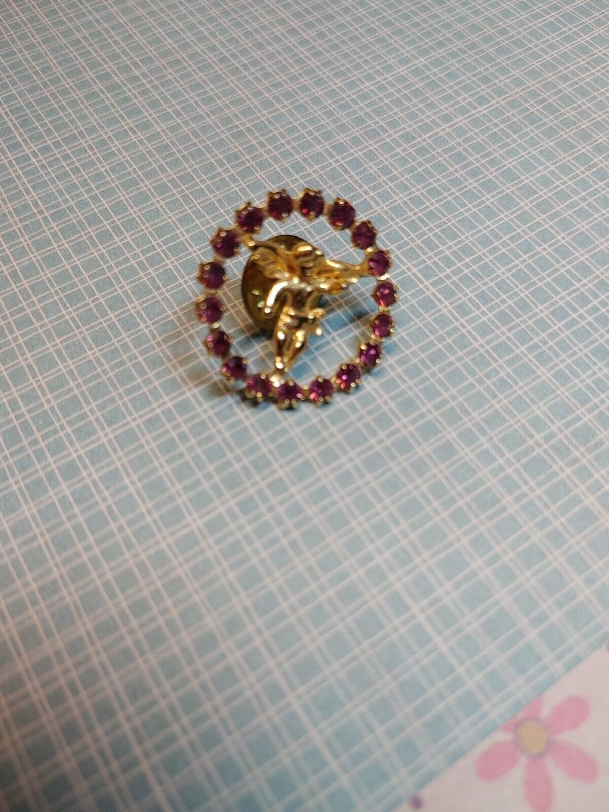 GoldTone Guardian Angel Pin Purple Rhinestone Circle Wreath Vintage