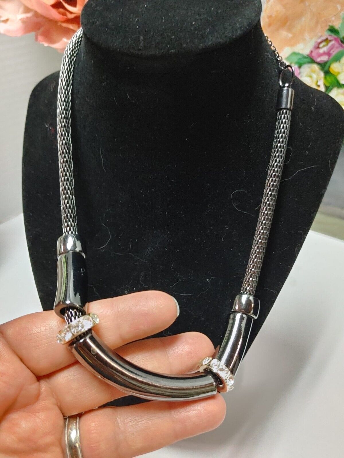 Thick Gun Metal Snake Chain Choker Collar Necklace White Rhinestones 16"