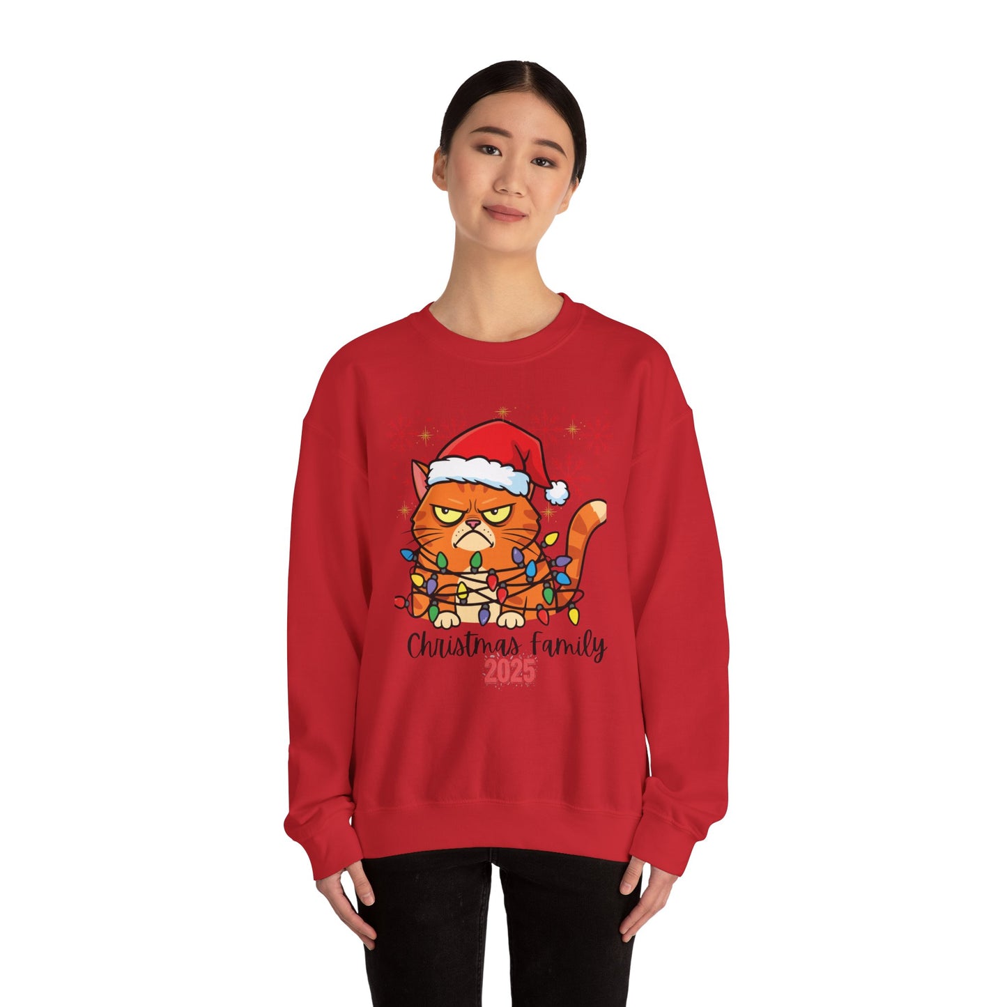 Christmas Cat Crewneck Sweatshirt - "Christmas Family 2025" Cute Grumpy Cat in Santa Hat