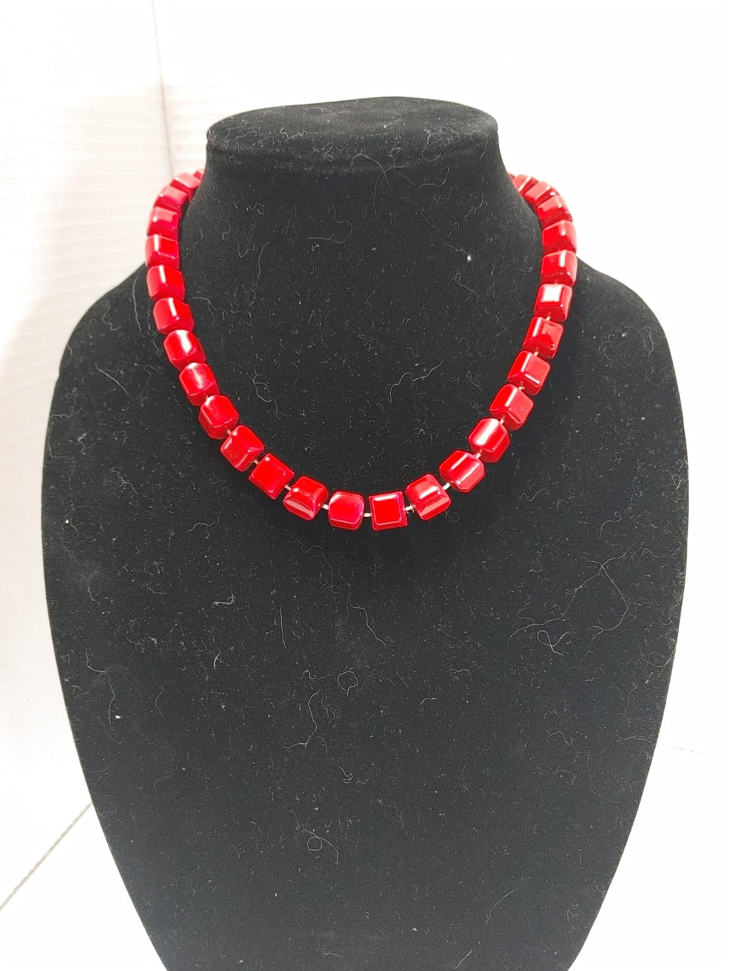Ladies silk scarf & matching Red Acrylic Necklace VTG - Red - Black