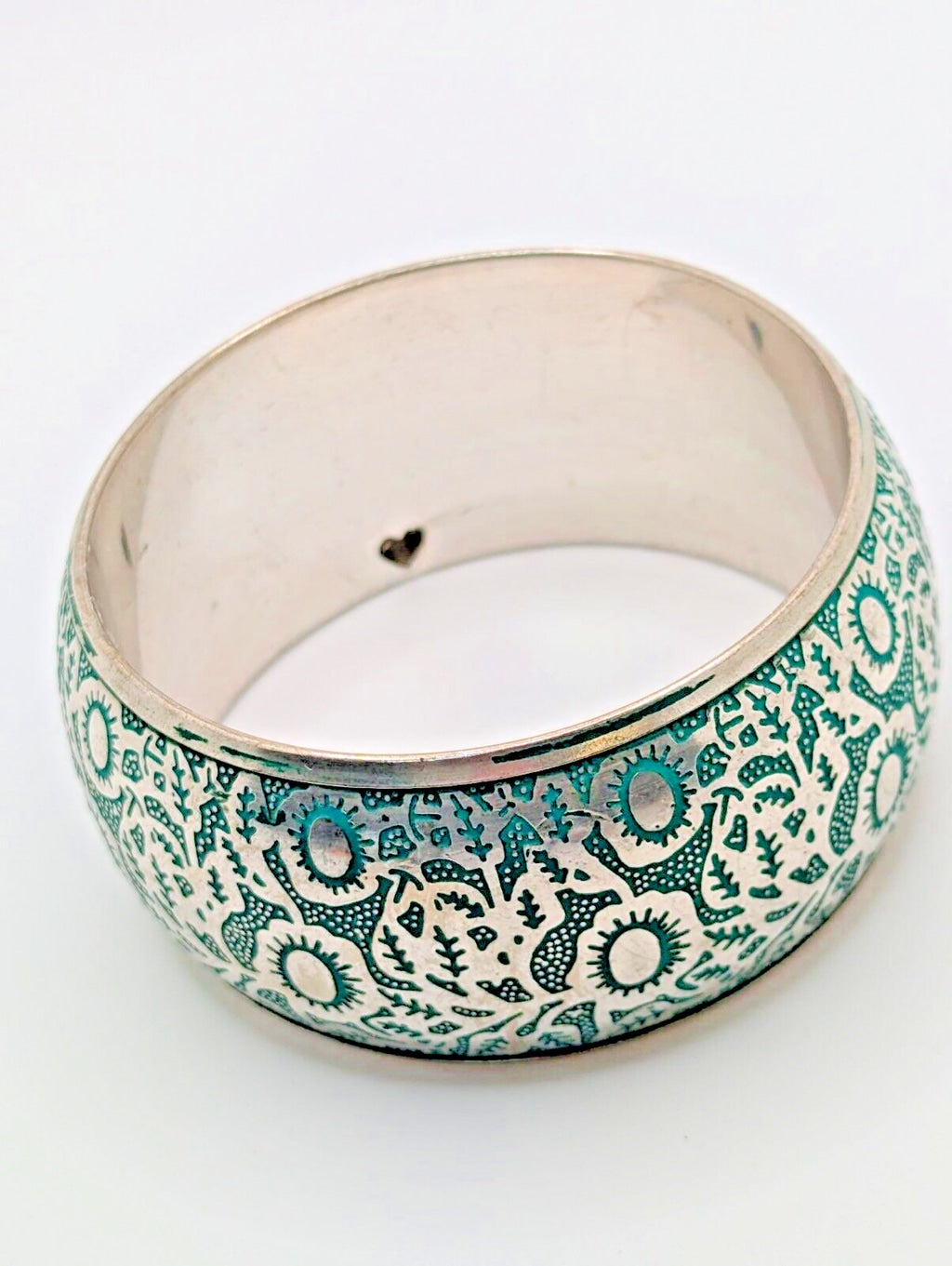 Silver Plated Engraved in Blue Design Bangle Bracelet Aqua Vintage 8"