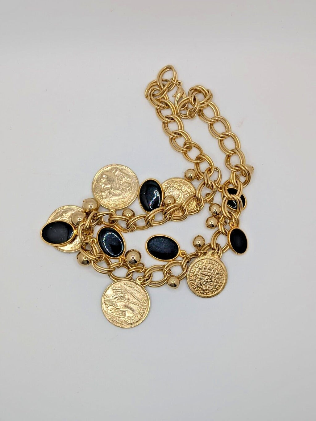 Coin Necklace Black Disc Charms Coin Dangles Charms Gold Tone Link Chain 24"