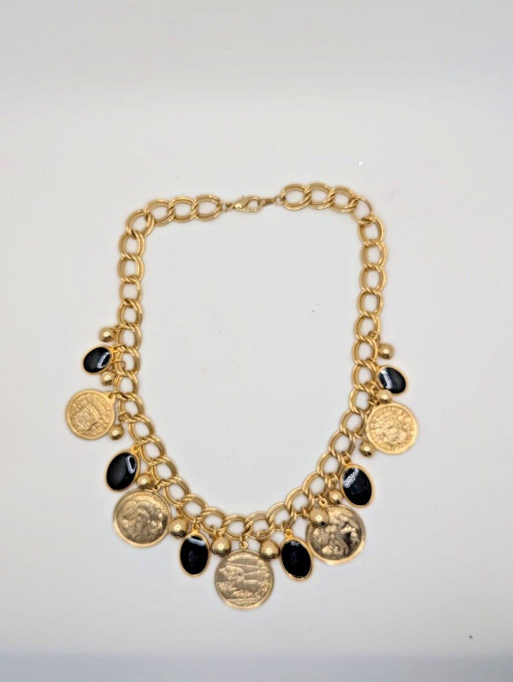 Coin Necklace Black Disc Charms Coin Dangles Charms Gold Tone Link Chain 24"