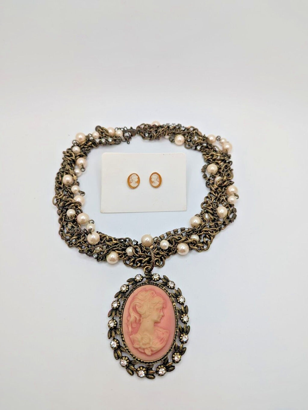 VTG Pink Cameo Pendant Beaded Steampunk Necklace Earrings Rhinestone Faux Pearl