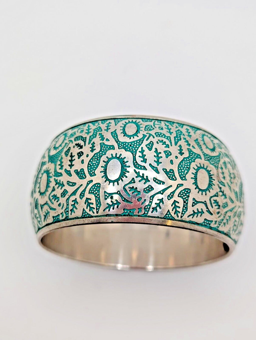 Silver Plated Engraved in Blue Design Bangle Bracelet Aqua Vintage 8"