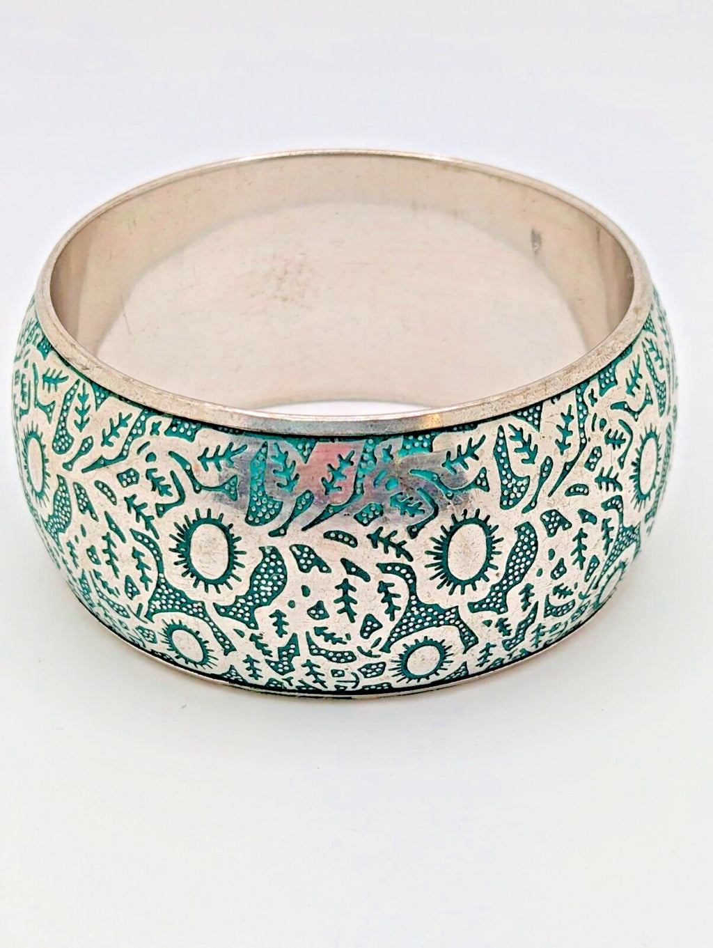 Silver Plated Engraved in Blue Design Bangle Bracelet Aqua Vintage 8"