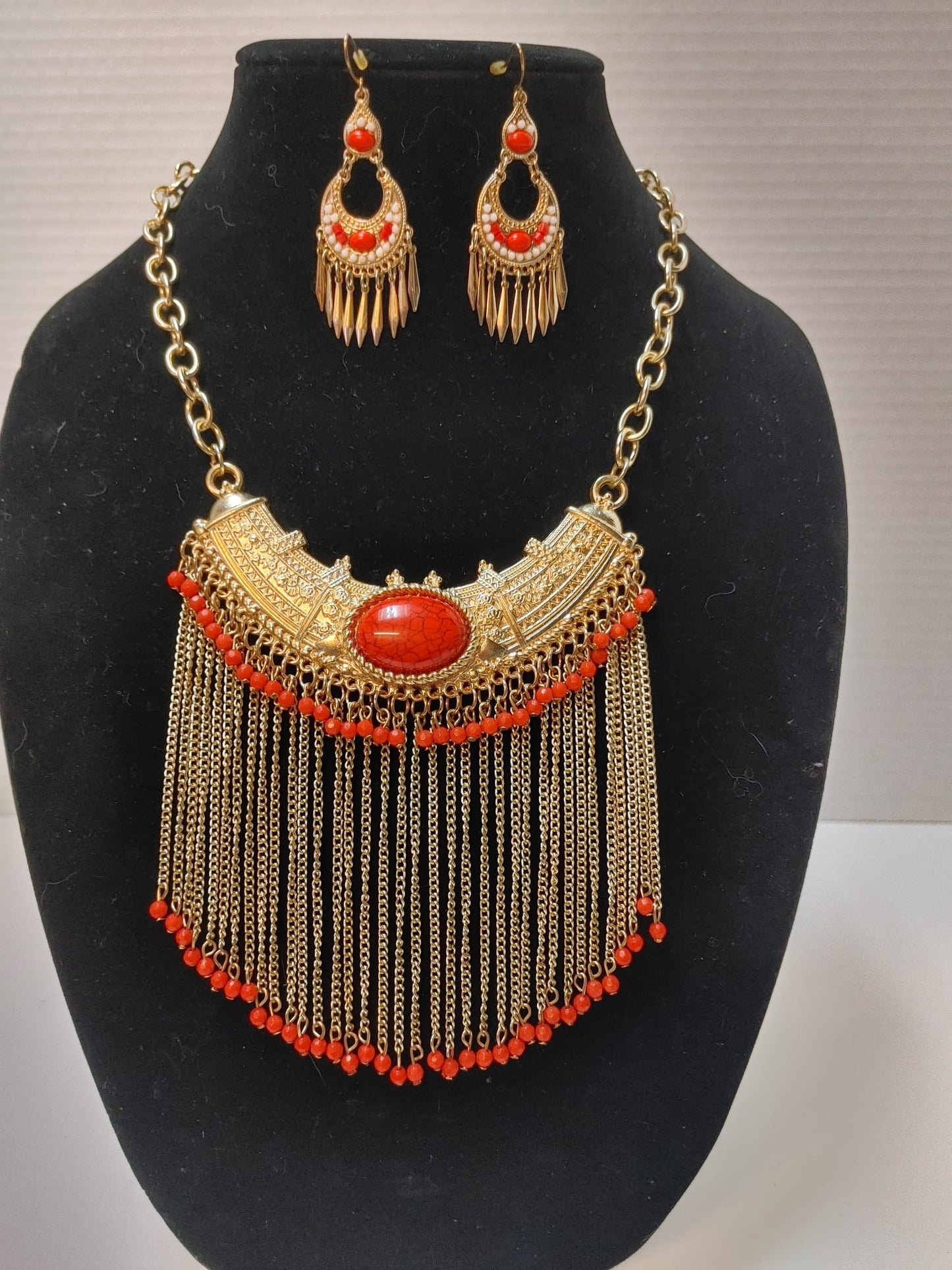 Egipcian Empress Bohemian Tribal Bib Coral color stone Necklace & Earrings Gold