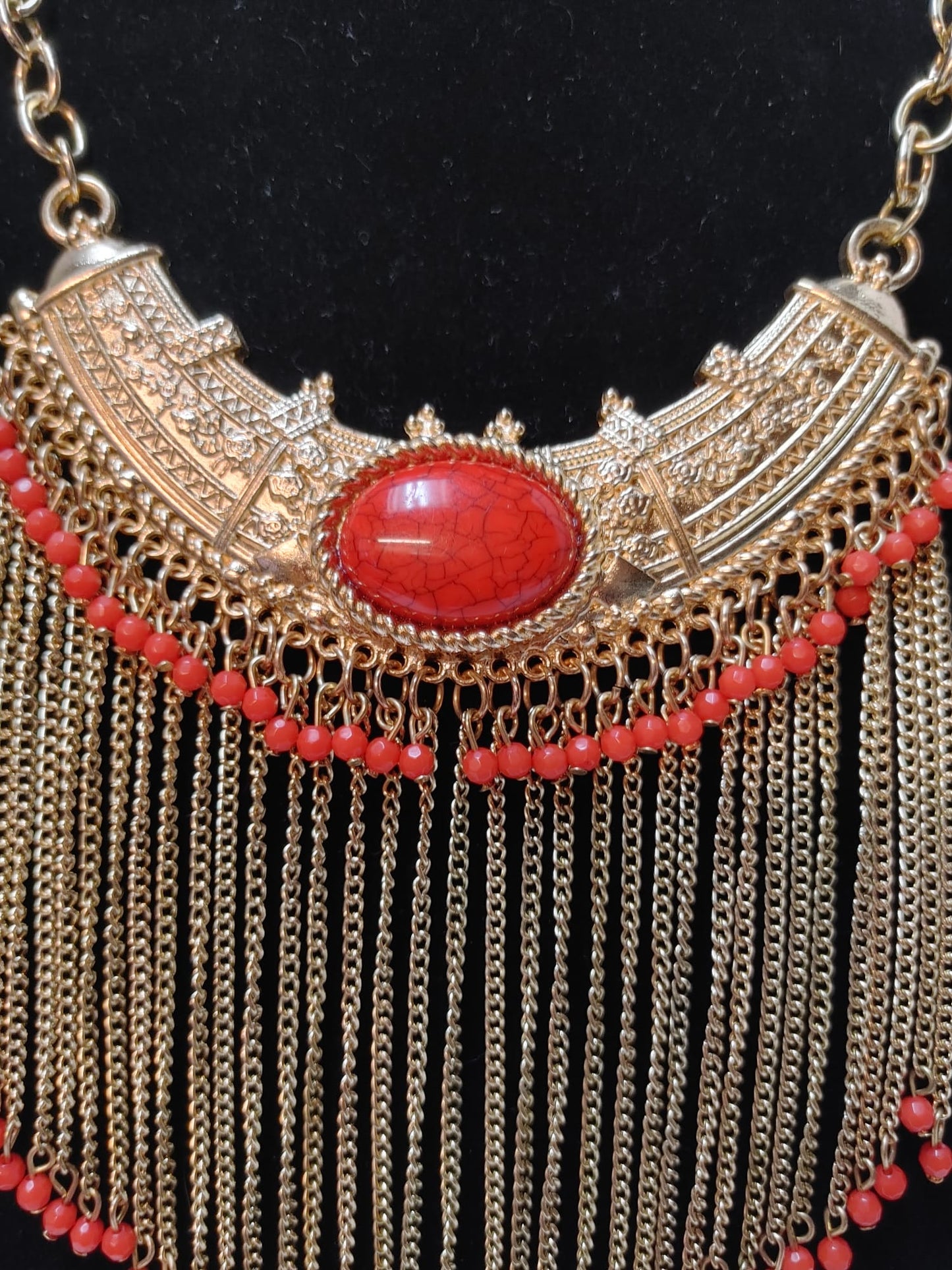 Egipcian Empress Bohemian Tribal Bib Coral color stone Necklace & Earrings Gold