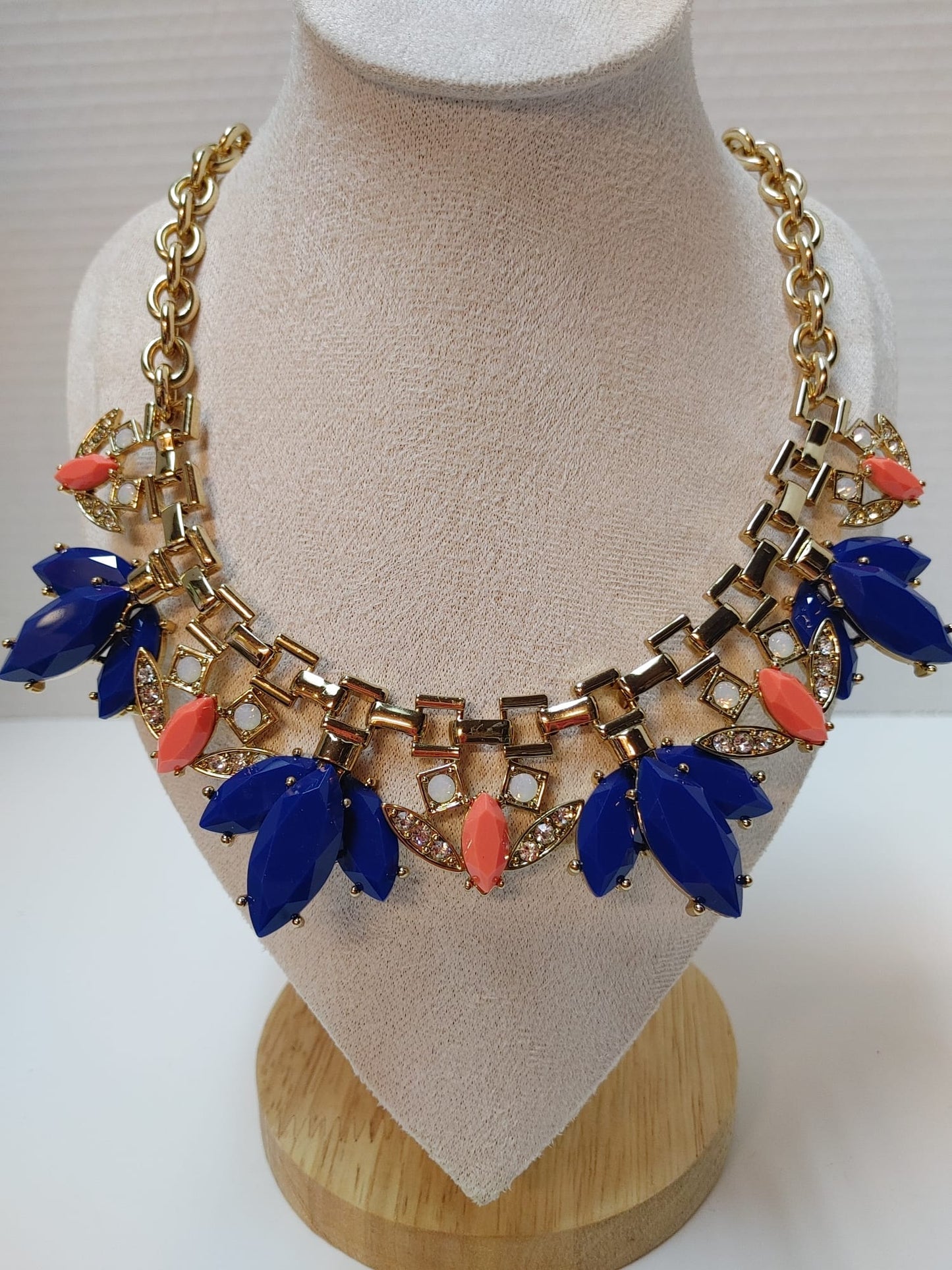 GV9 Necklace Statement Cobalt Blue & Apricot Runway Jewelry set Gold Tone VGT