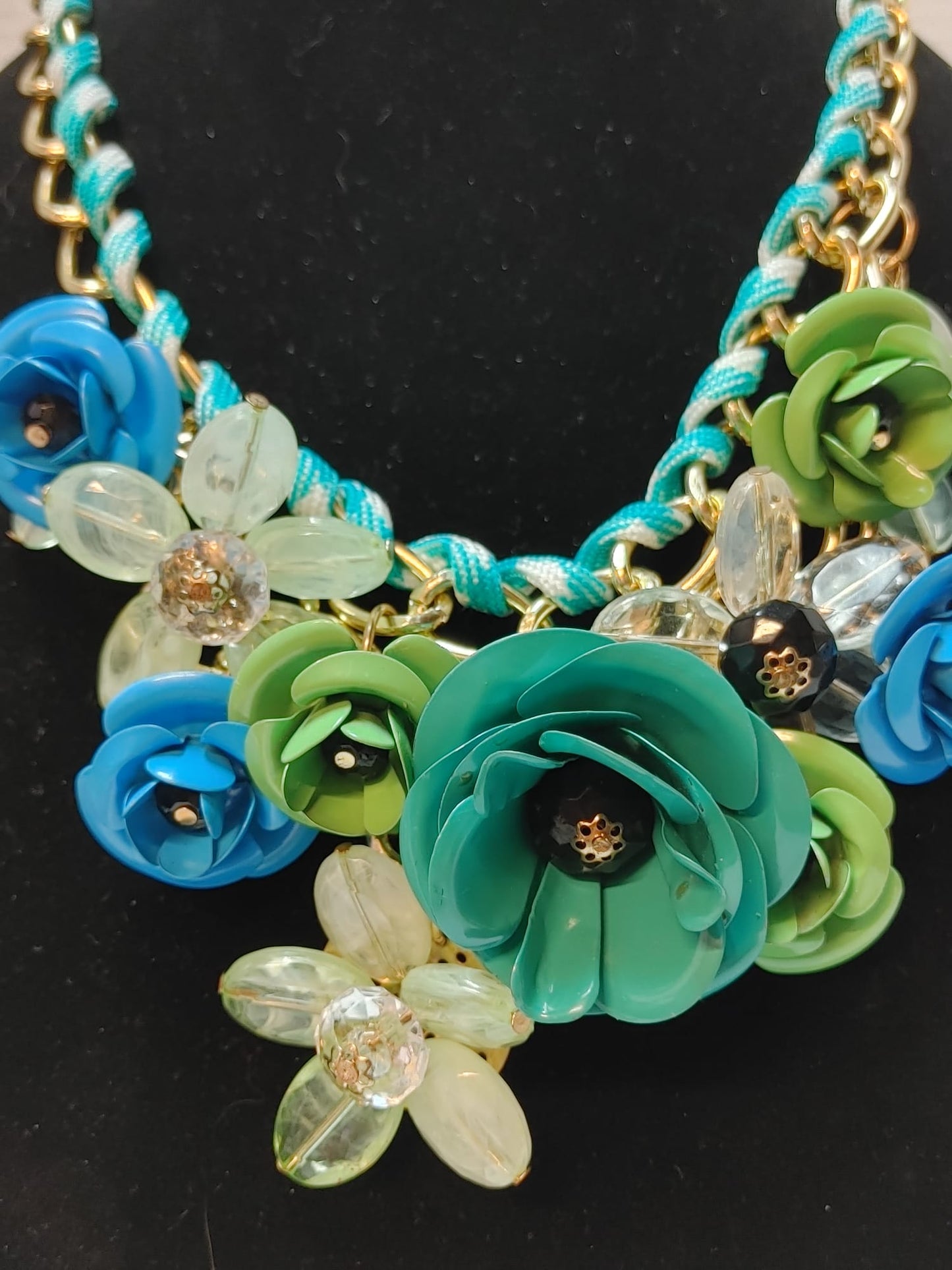 Gold-Tone Posh Blue multicolor Floral Cluster Chain Statement Necklace Crystals