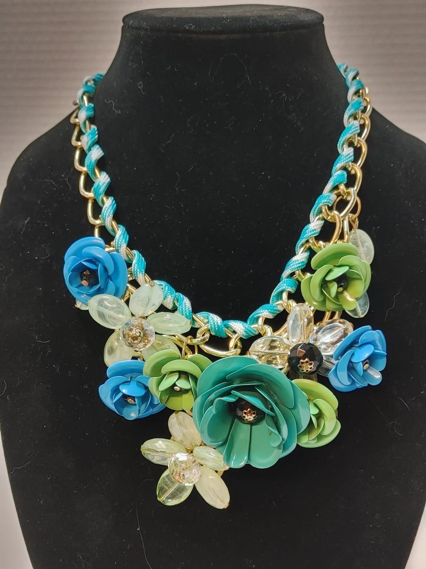 Gold-Tone Posh Blue multicolor Floral Cluster Chain Statement Necklace Crystals
