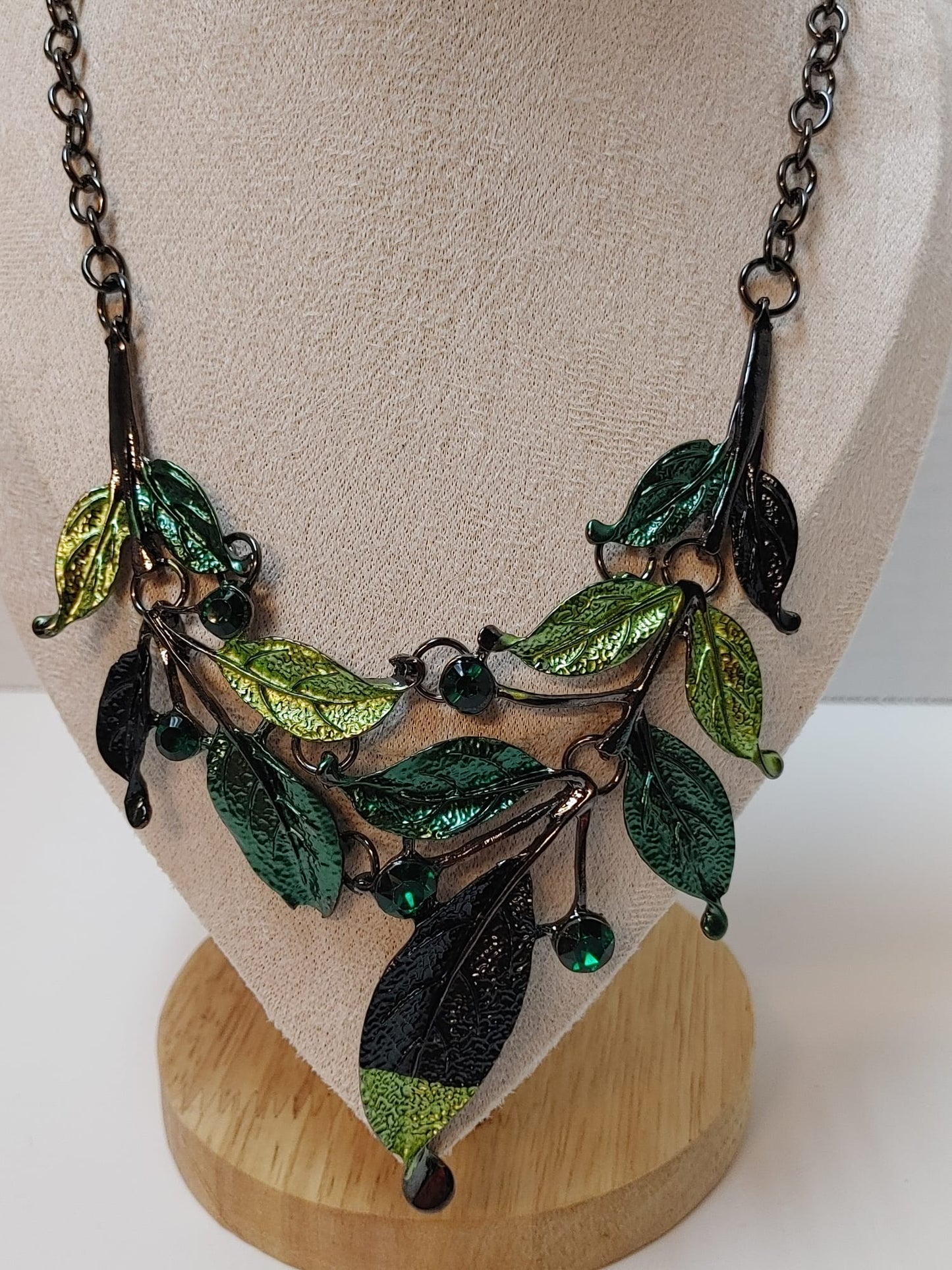 Leaf Necklace Matching Earrings Dangle Drop Jewelry Set GunMetal Rhinestones