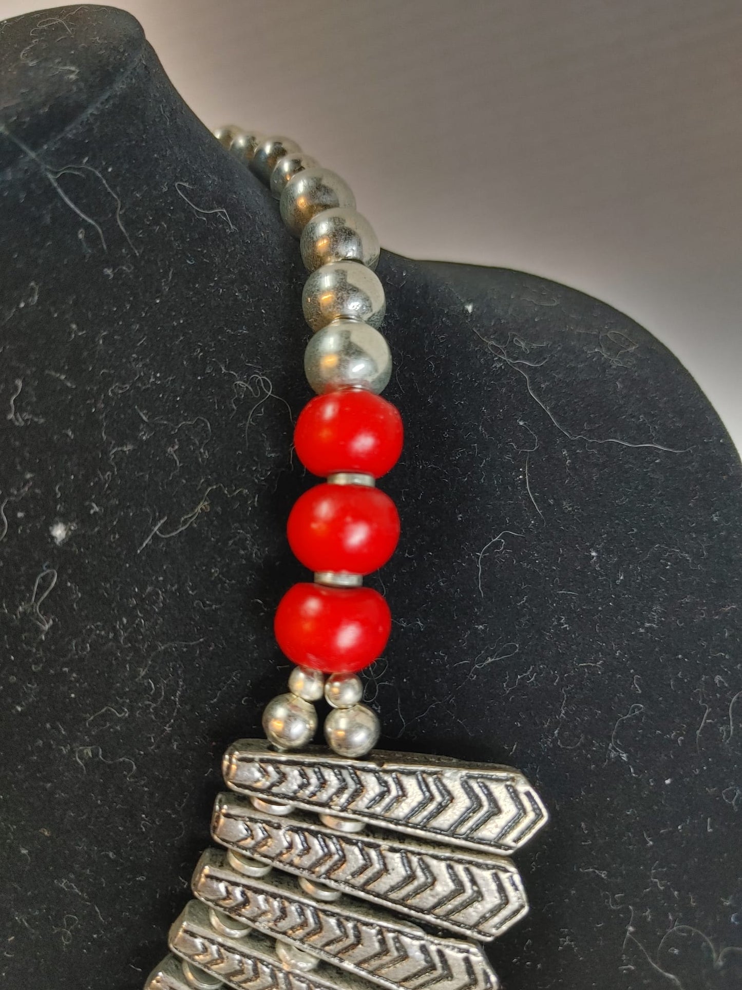 Egyptian Fringe Red Silver Beaded Statement Collar Necklace Silver Tone