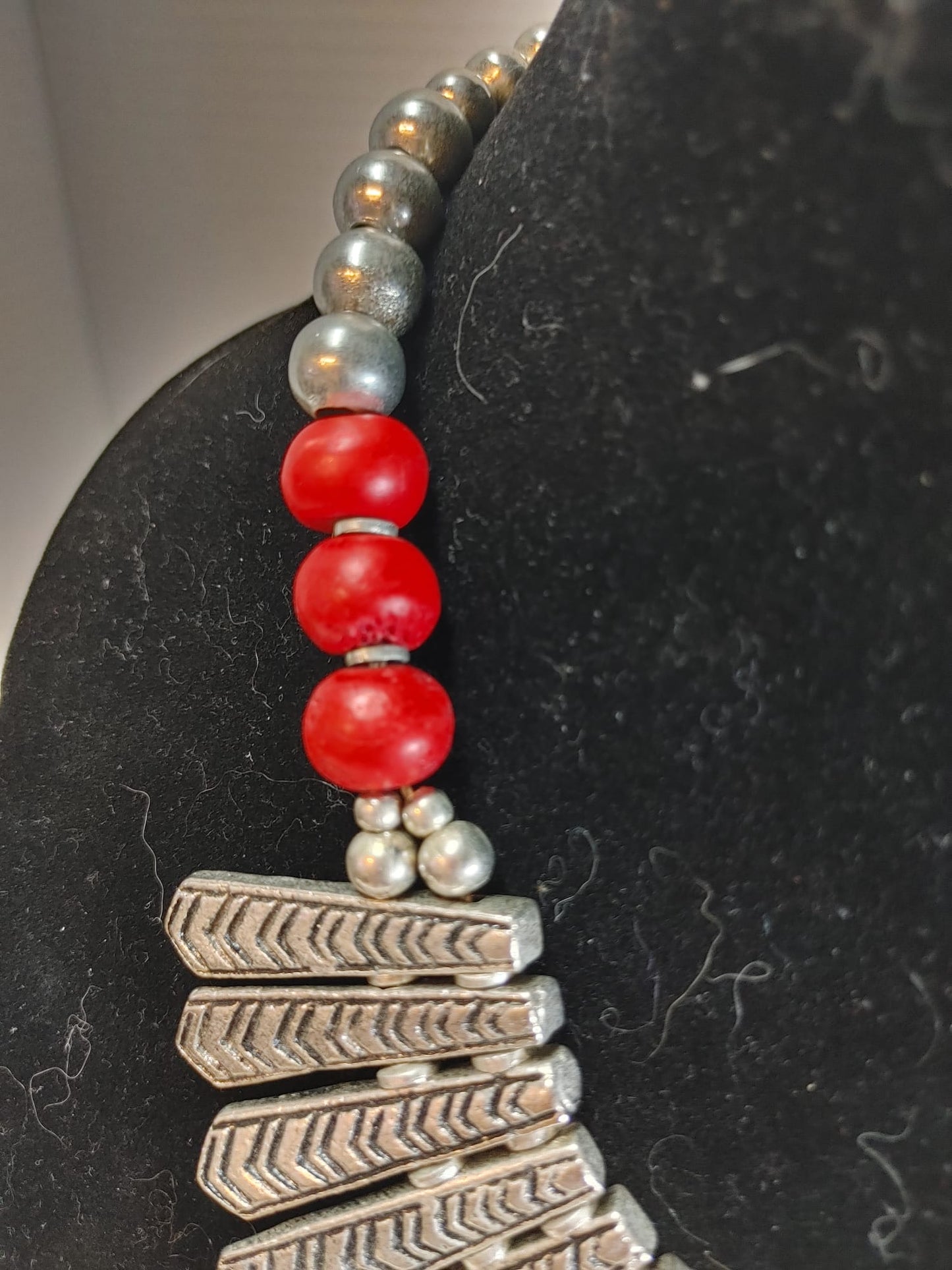 Egyptian Fringe Red Silver Beaded Statement Collar Necklace Silver Tone
