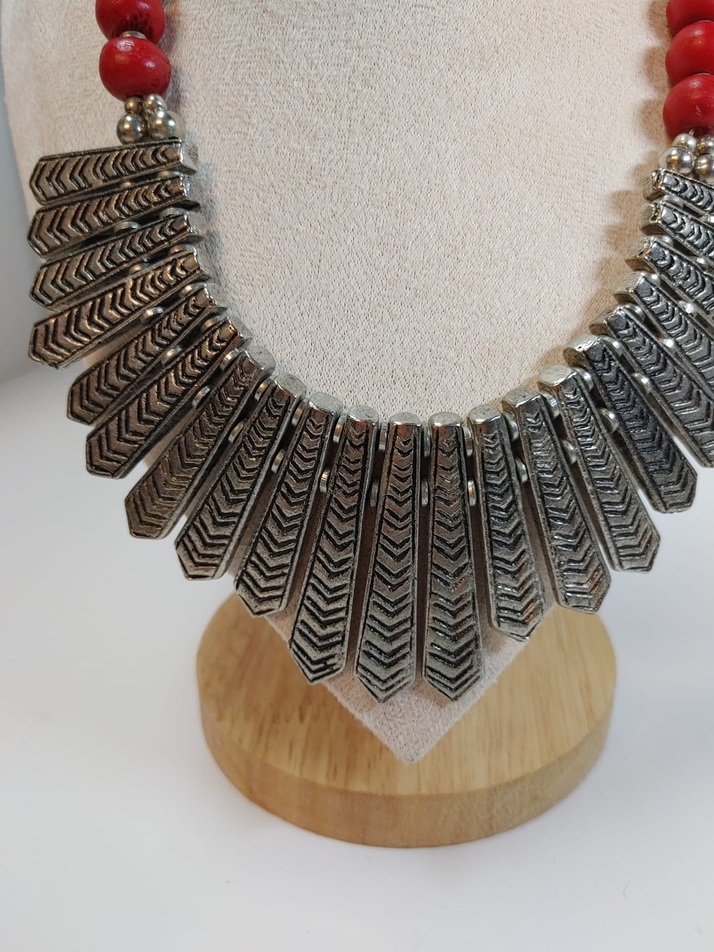 Egyptian Fringe Red Silver Beaded Statement Collar Necklace Silver Tone