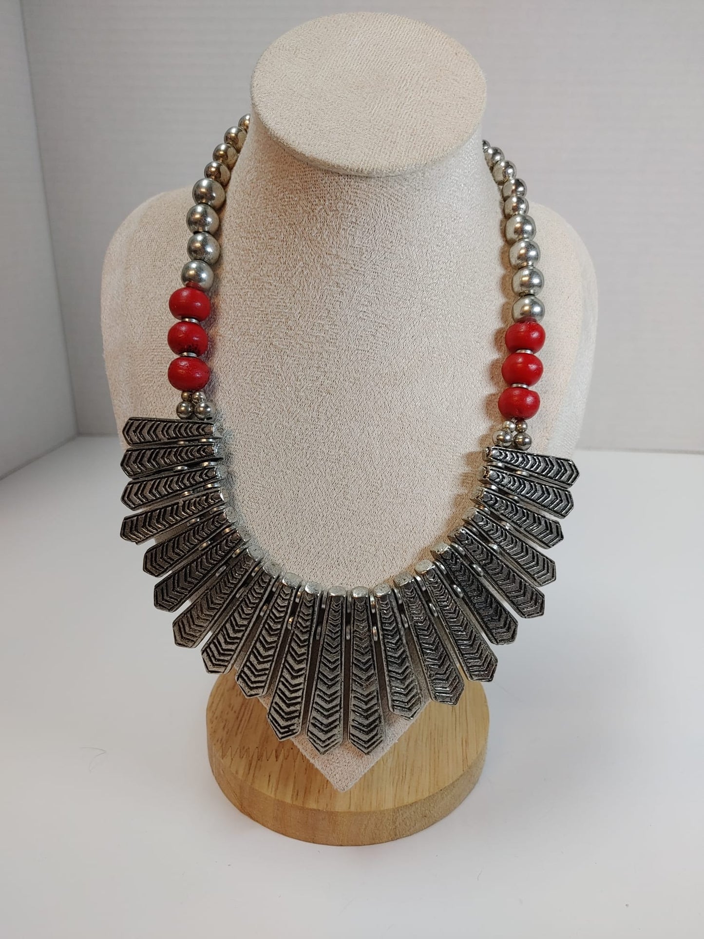 Egyptian Fringe Red Silver Beaded Statement Collar Necklace Silver Tone