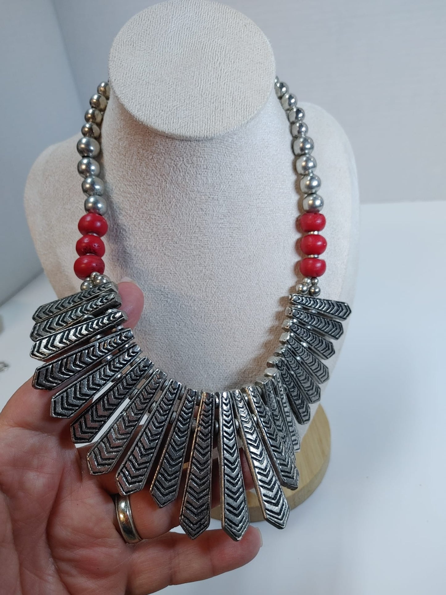 Egyptian Fringe Red Silver Beaded Statement Collar Necklace Silver Tone