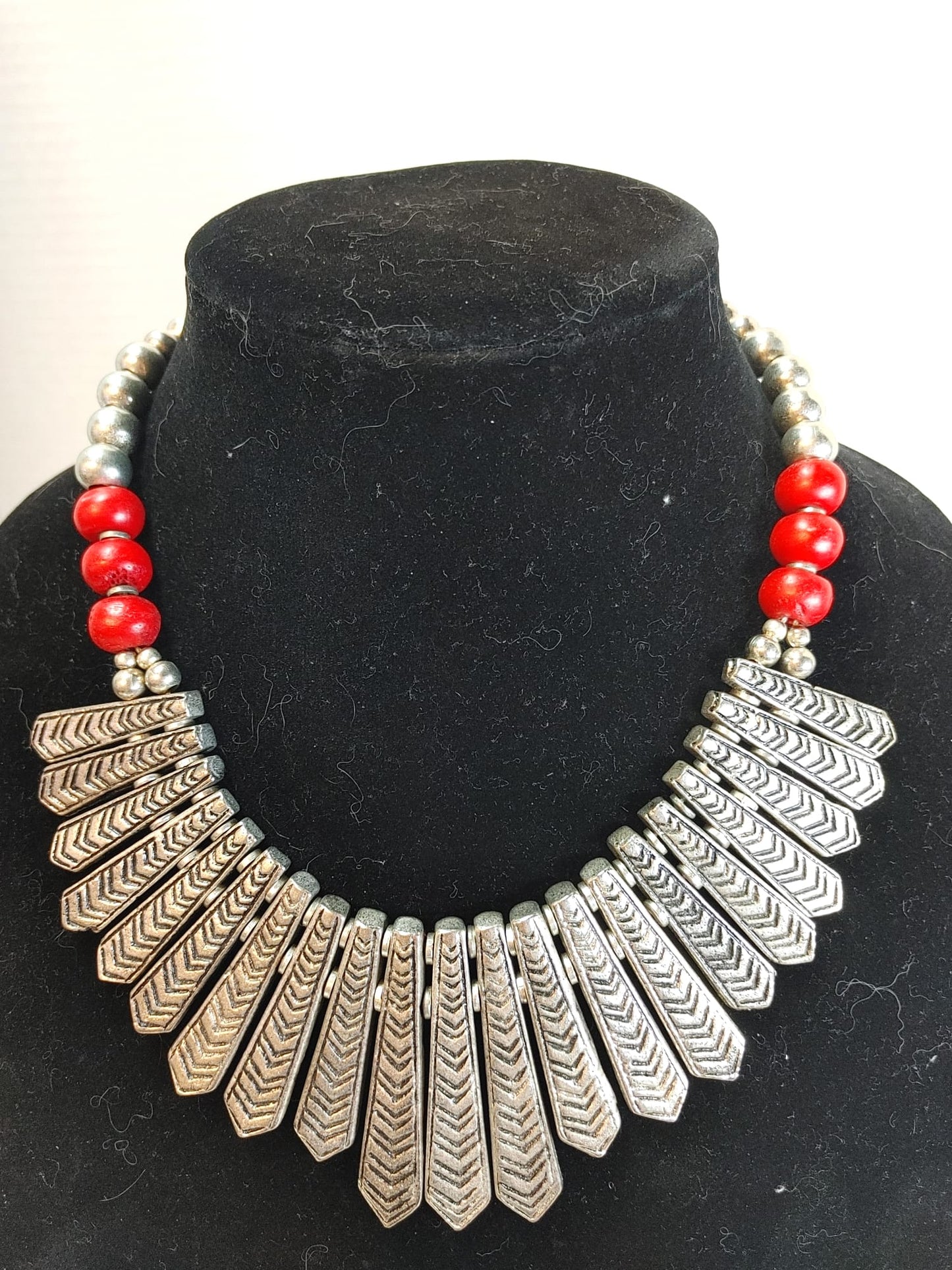 Egyptian Fringe Red Silver Beaded Statement Collar Necklace Silver Tone