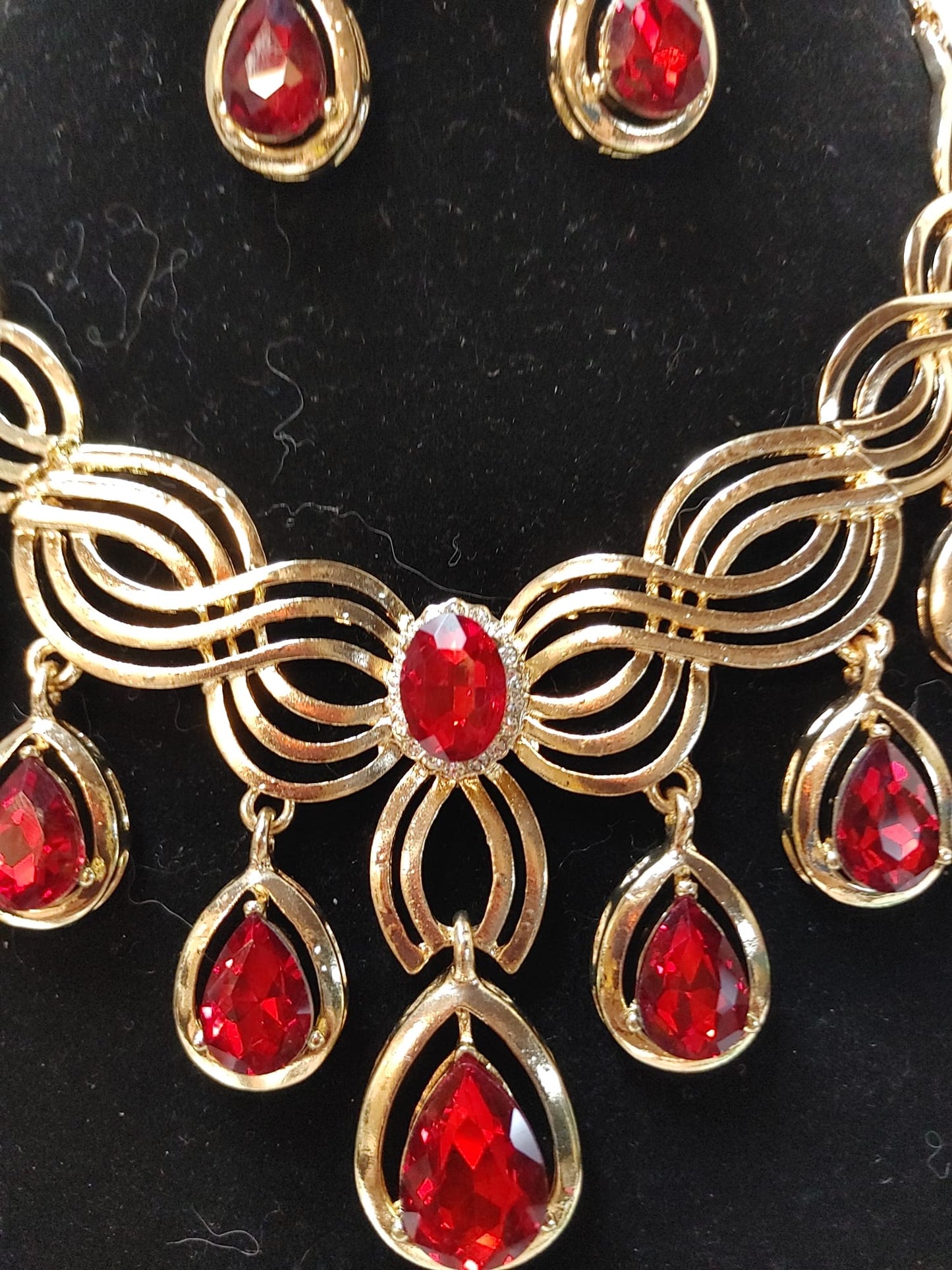 Women Jewelry Set Goldtone Red Zircon Tassel Crystal Wedding Party Necklace Ring