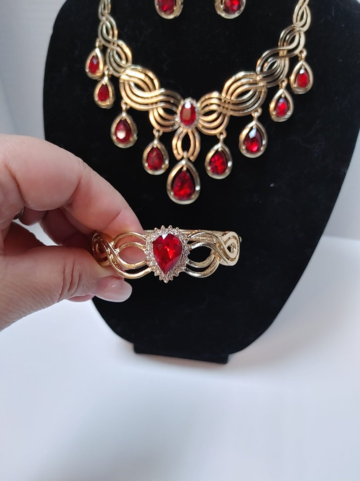 Women Jewelry Set Goldtone Red Zircon Tassel Crystal Wedding Party Necklace Ring