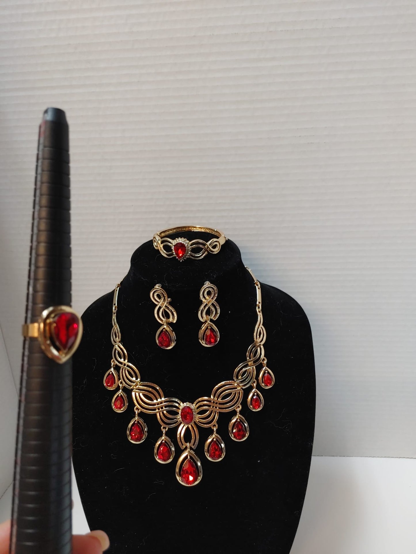 Women Jewelry Set Goldtone Red Zircon Tassel Crystal Wedding Party Necklace Ring