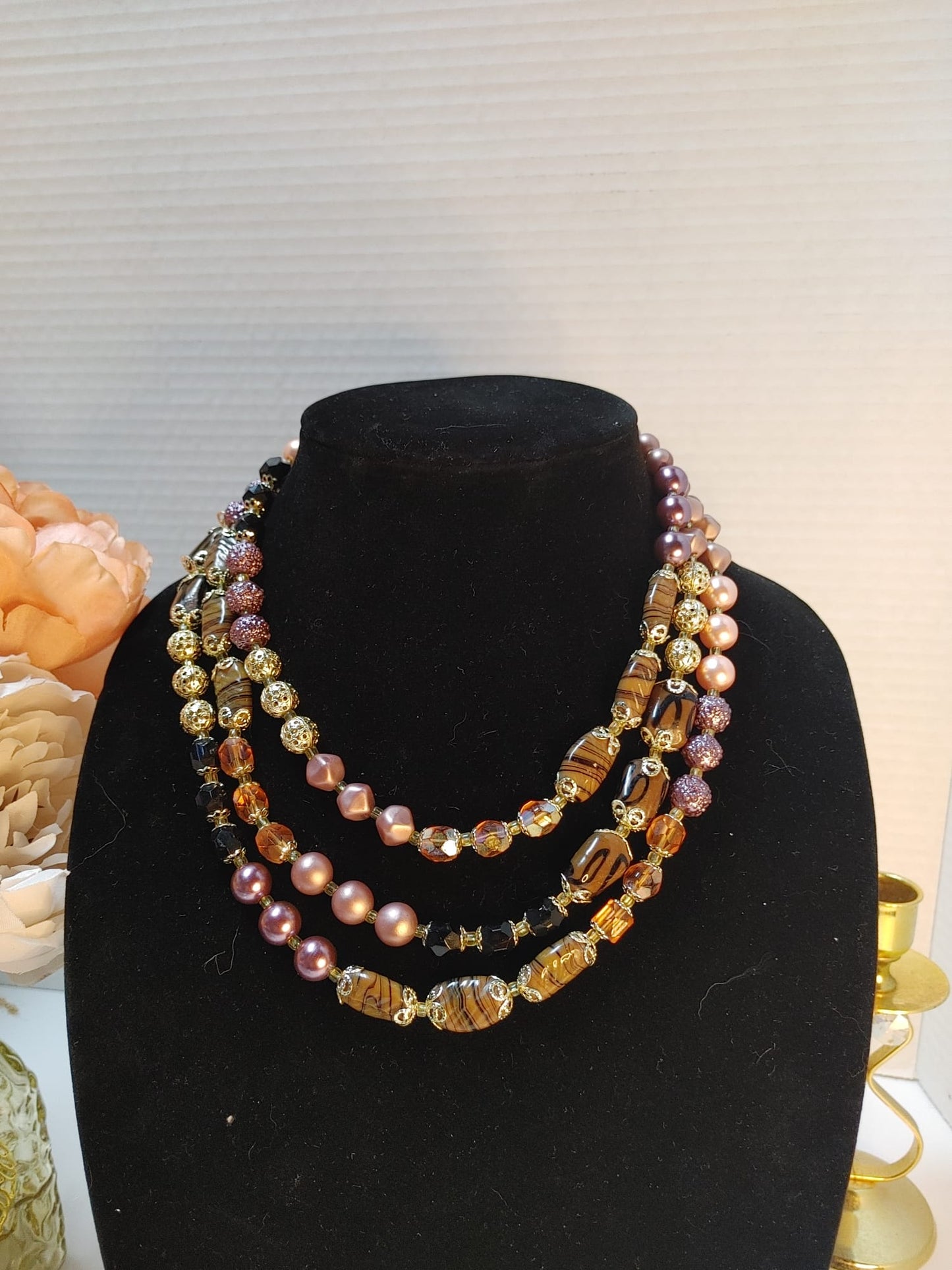 Multi-Strand Art Glass Necklace Fx Pearl Beaded Bib Pink Brown Gold Tone Vintage