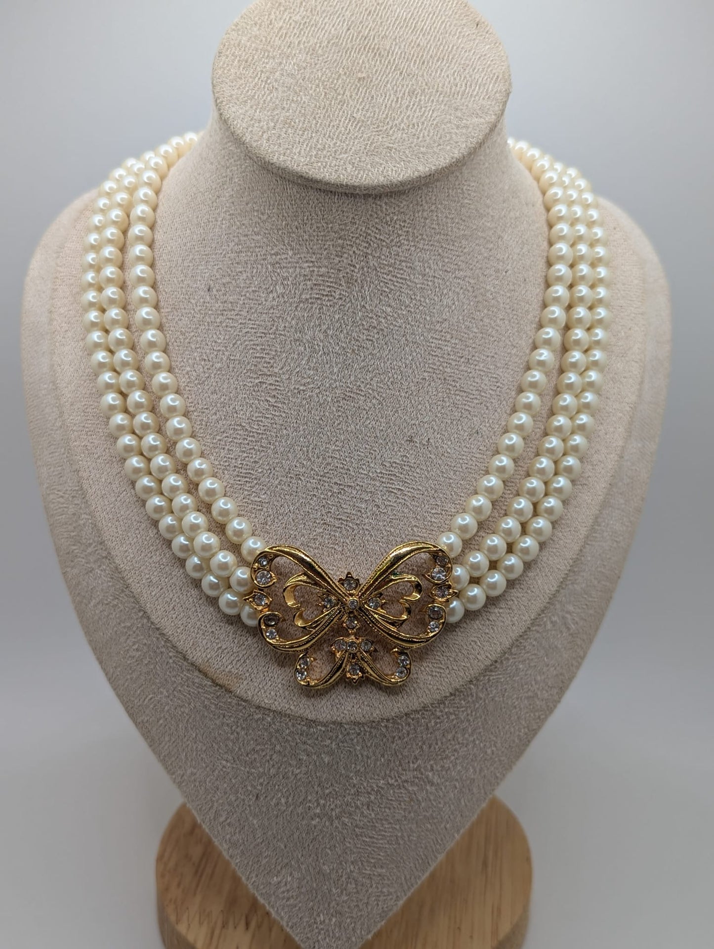 Vintage AVON Triple Strand Necklace Butterfly Pendent Faux Pearl