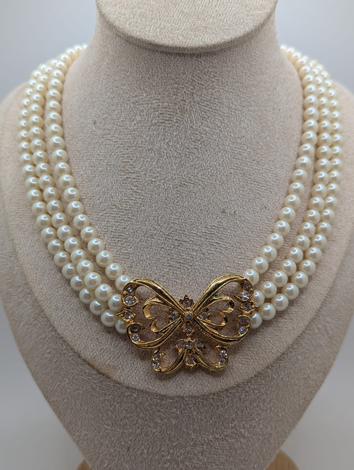 Vintage AVON Triple Strand Necklace Butterfly Pendent Faux Pearl