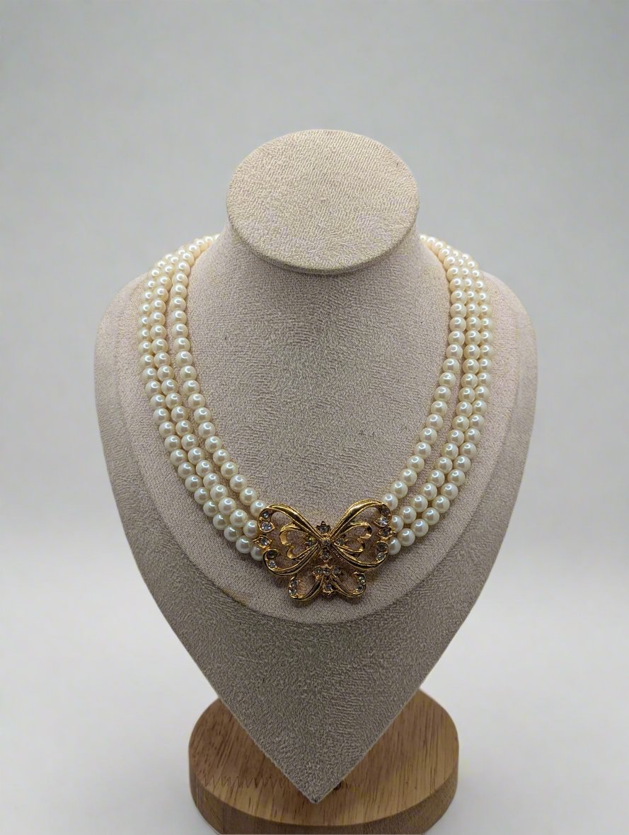 Vintage AVON Triple Strand Necklace Butterfly Pendent Faux Pearl