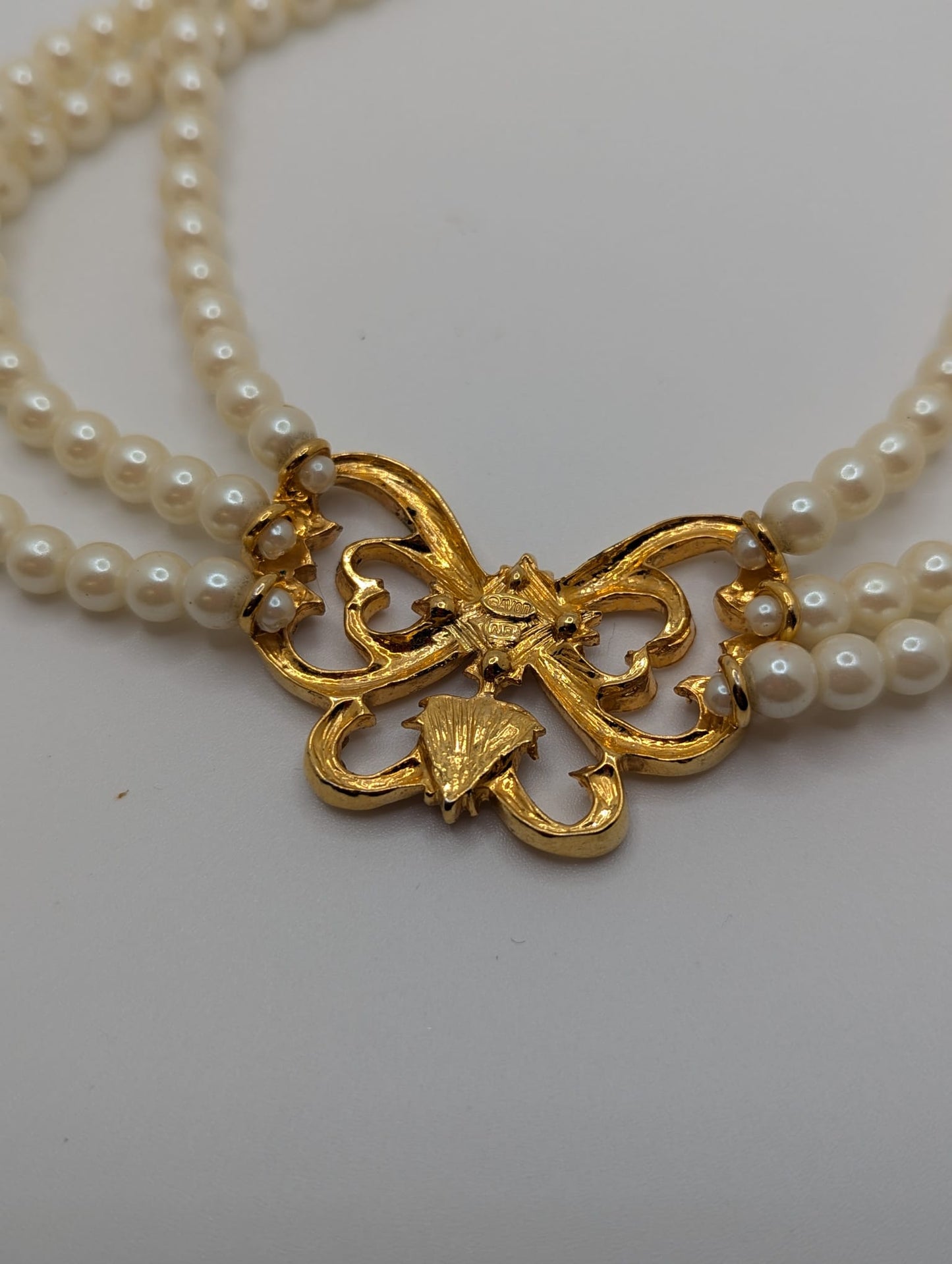 Vintage AVON Triple Strand Necklace Butterfly Pendent Faux Pearl