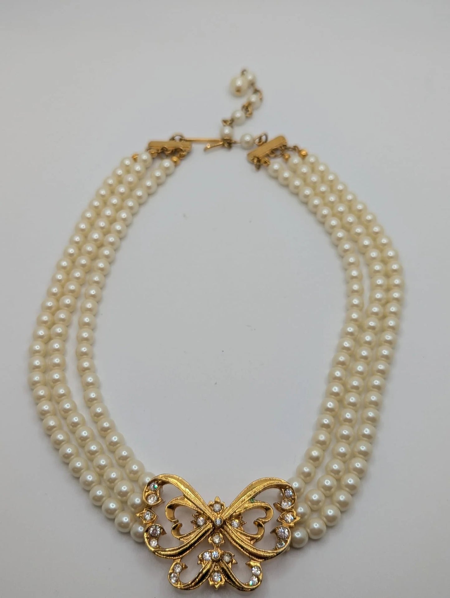 Vintage AVON Triple Strand Necklace Butterfly Pendent Faux Pearl