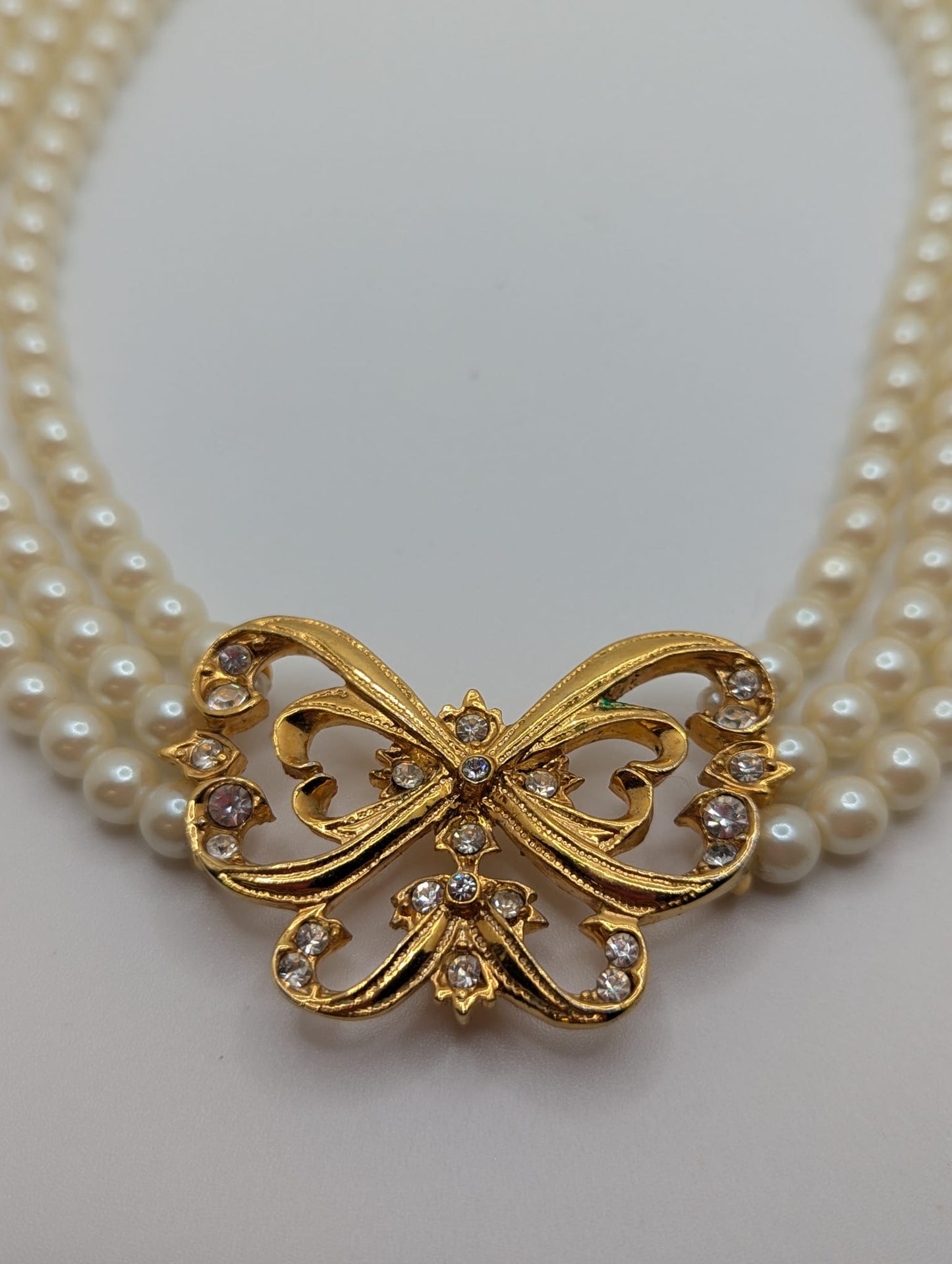 Vintage AVON Triple Strand Necklace Butterfly Pendent Faux Pearl