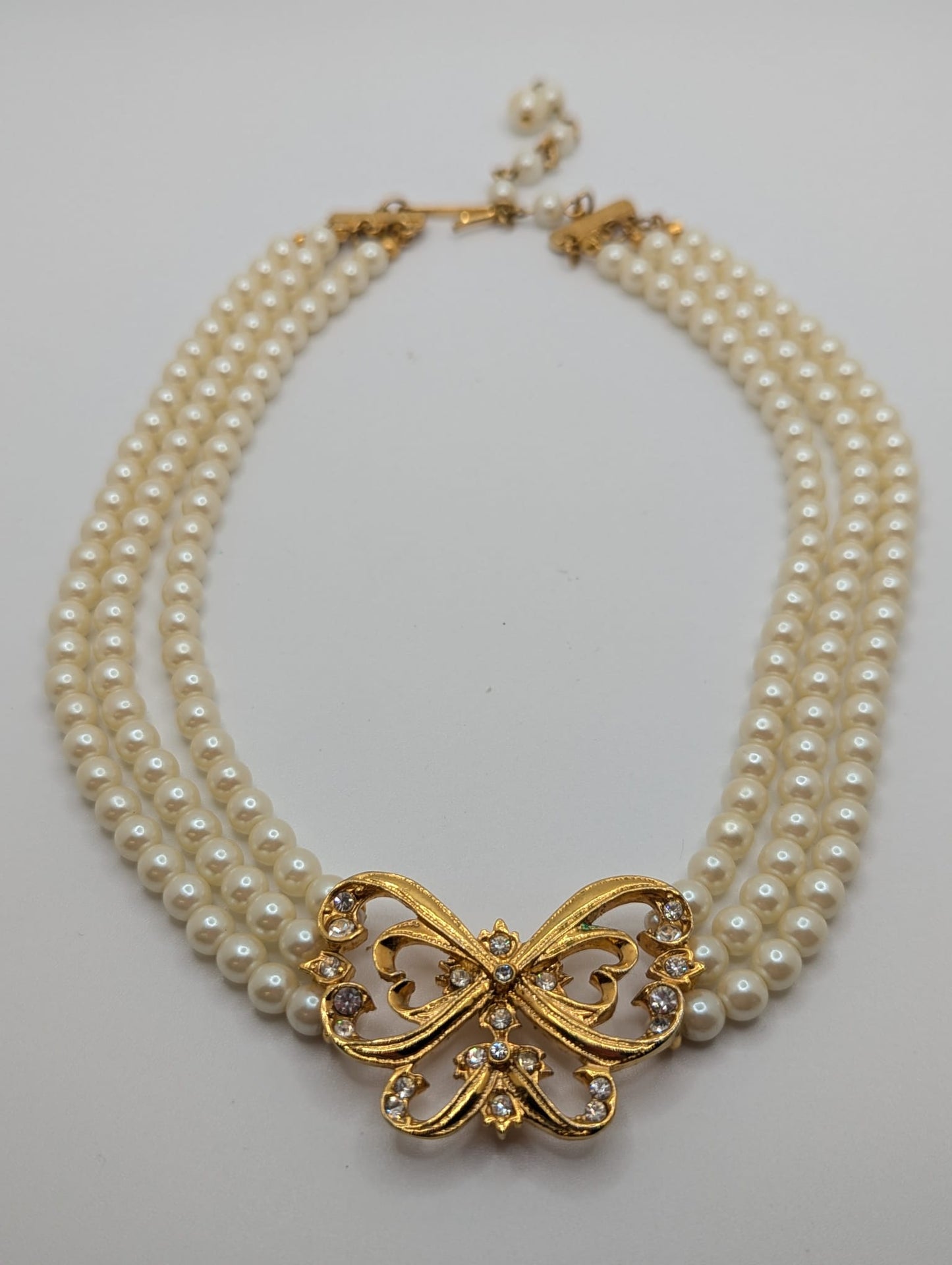 Vintage AVON Triple Strand Necklace Butterfly Pendent Faux Pearl