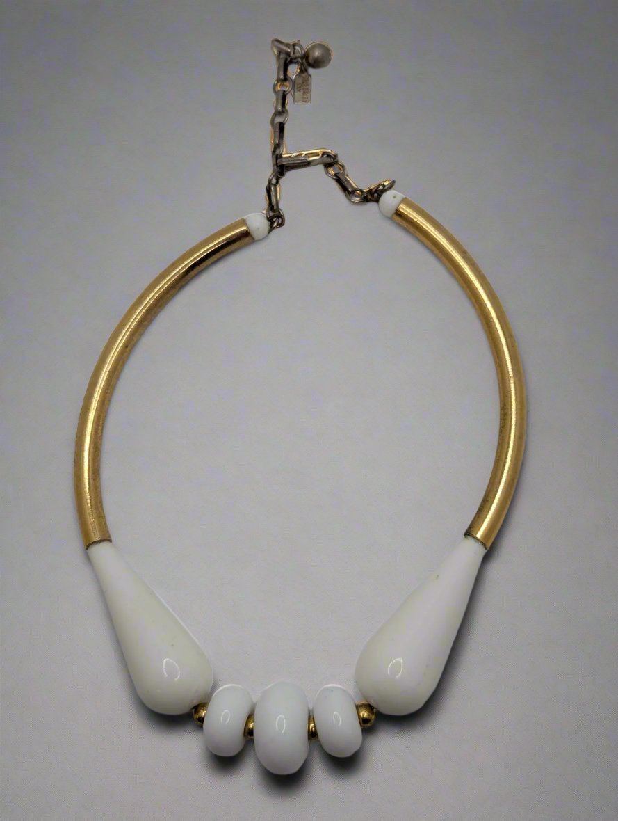 Vintage Celebrity NY White Gold Tone Necklace Acrylic Gold Tone Beads