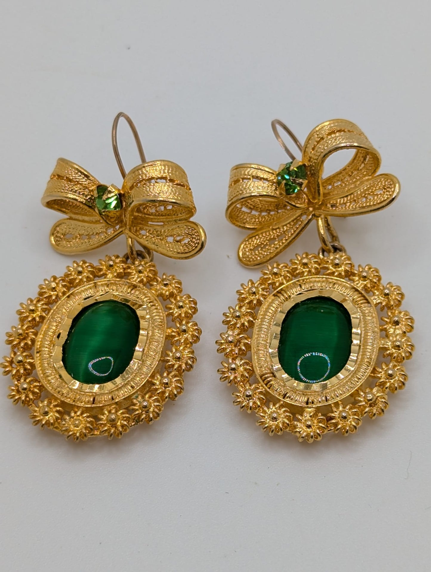 18k Gold Plated Mexican Earrings Handcrafted Filigree Chandelier Glass 2.3"