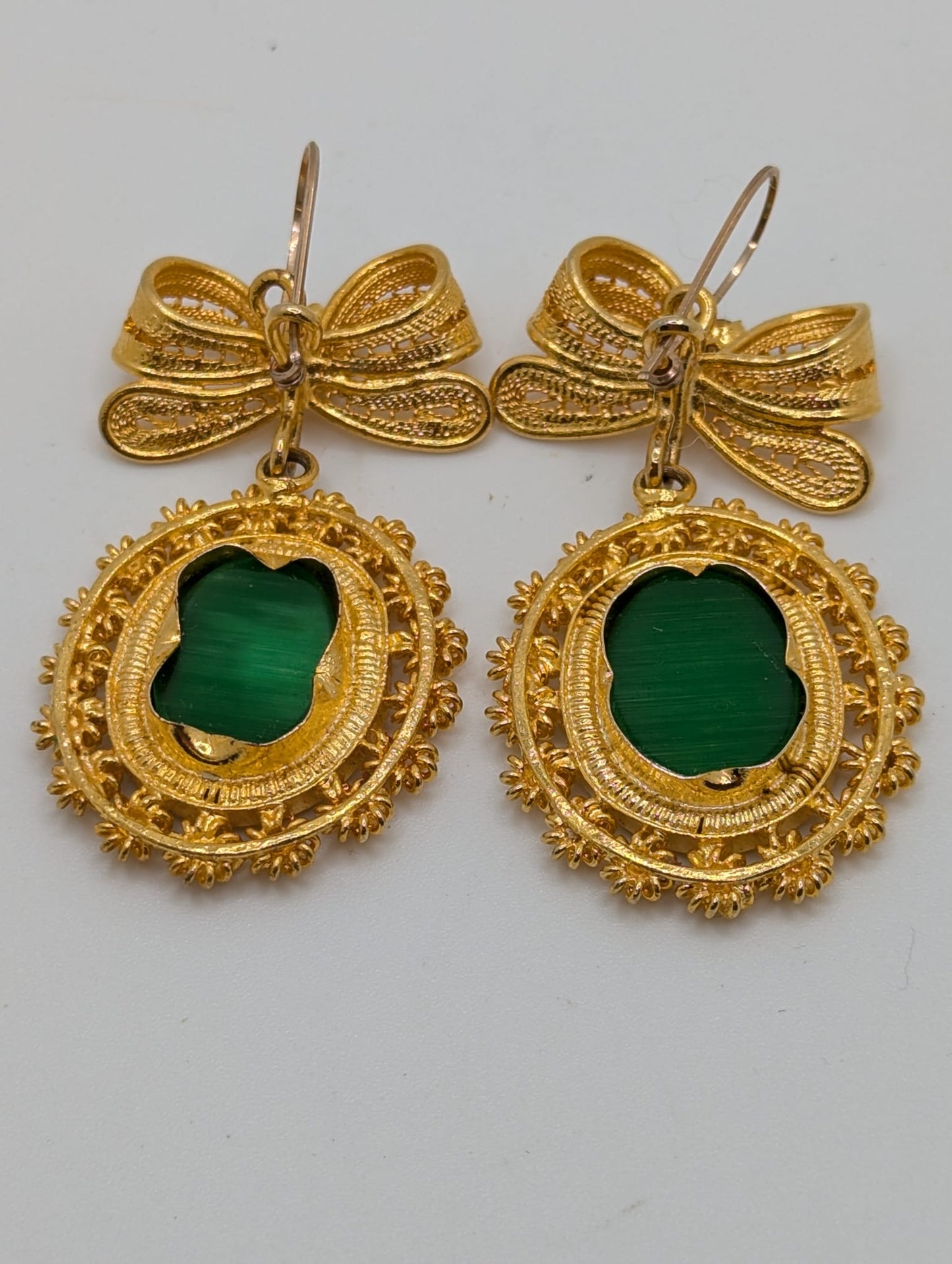 18k Gold Plated Mexican Earrings Handcrafted Filigree Chandelier Glass 2.3"